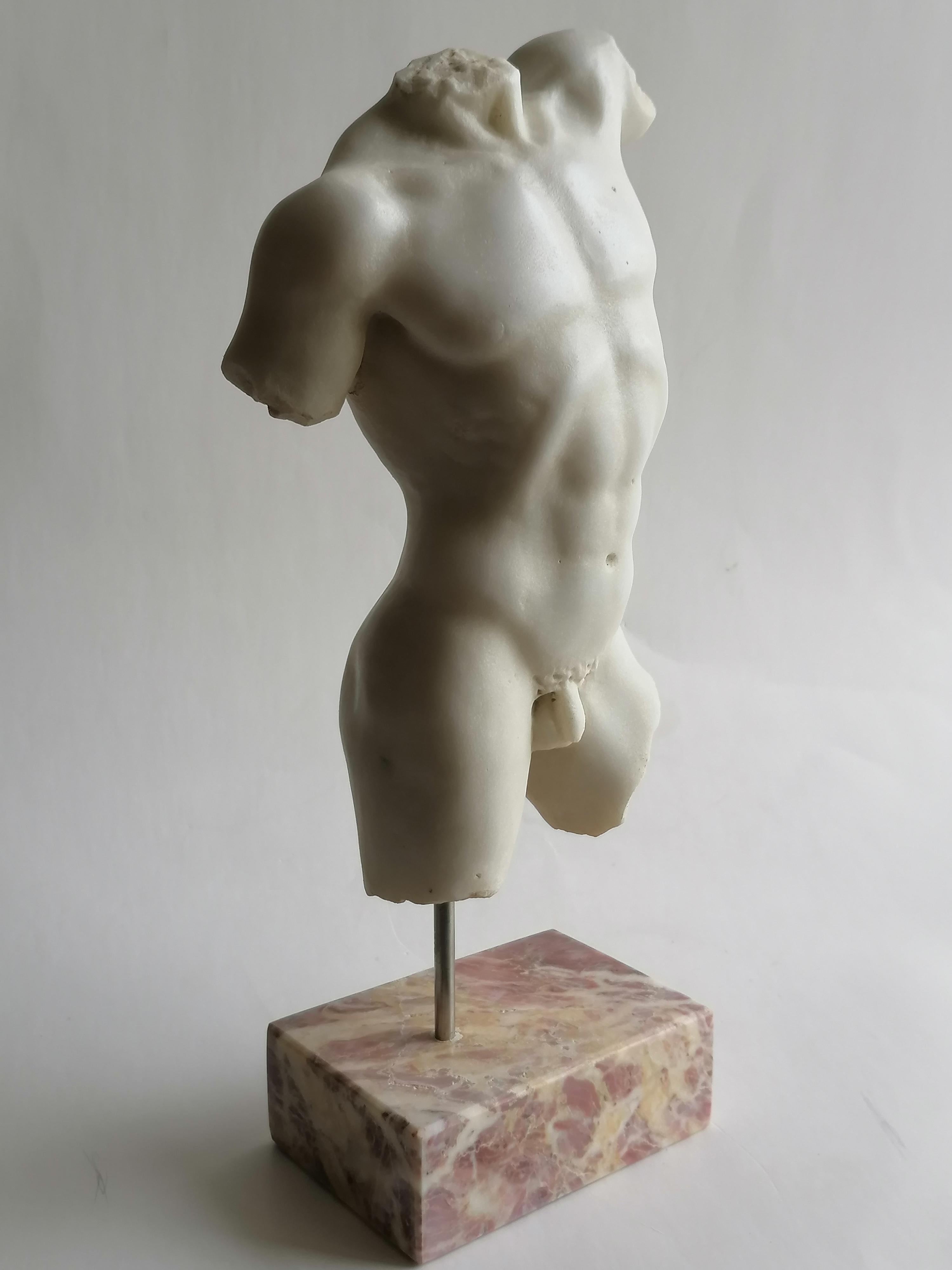 Classical male torso carved on white Carrara marble For Sale 1