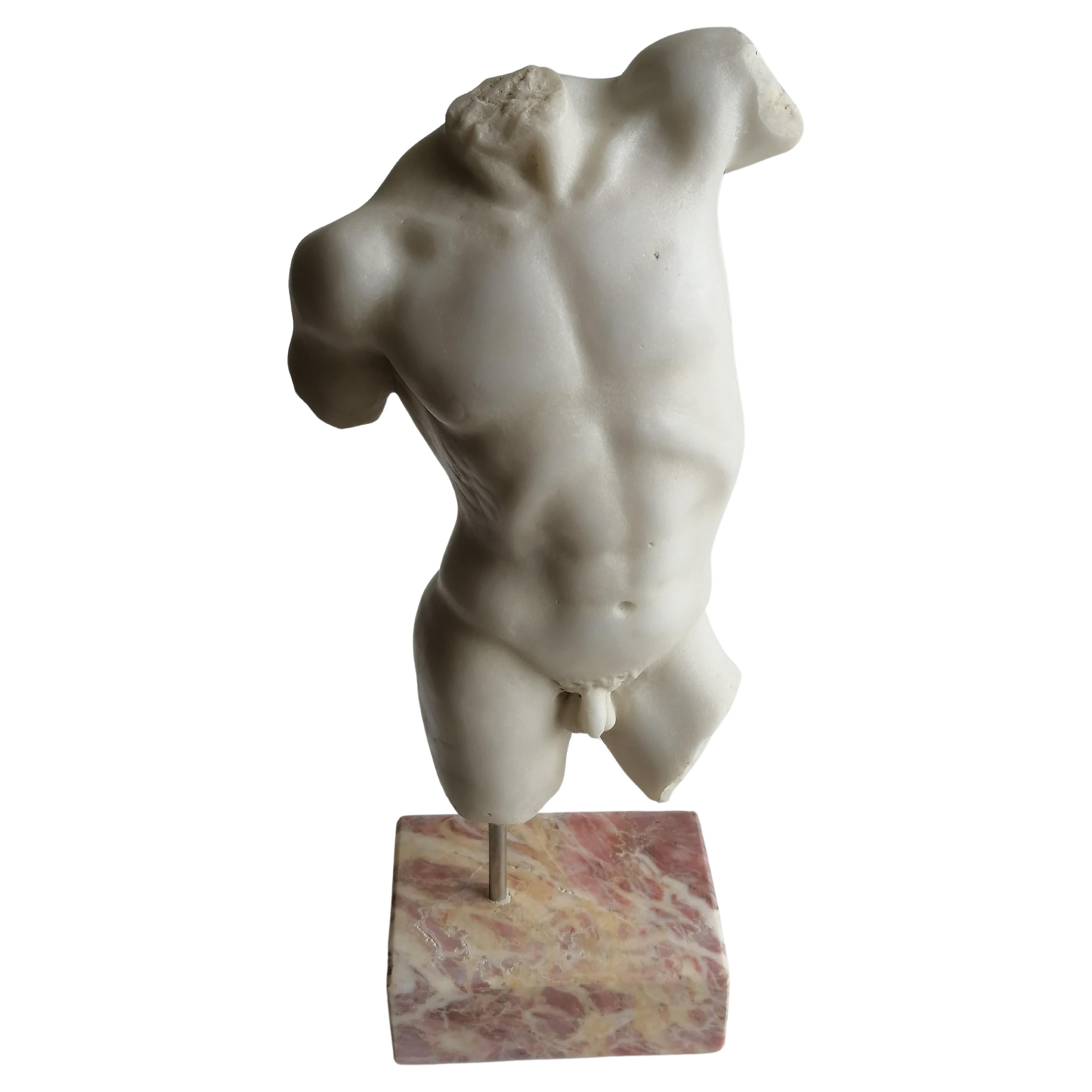 Classical male torso carved on white Carrara marble For Sale