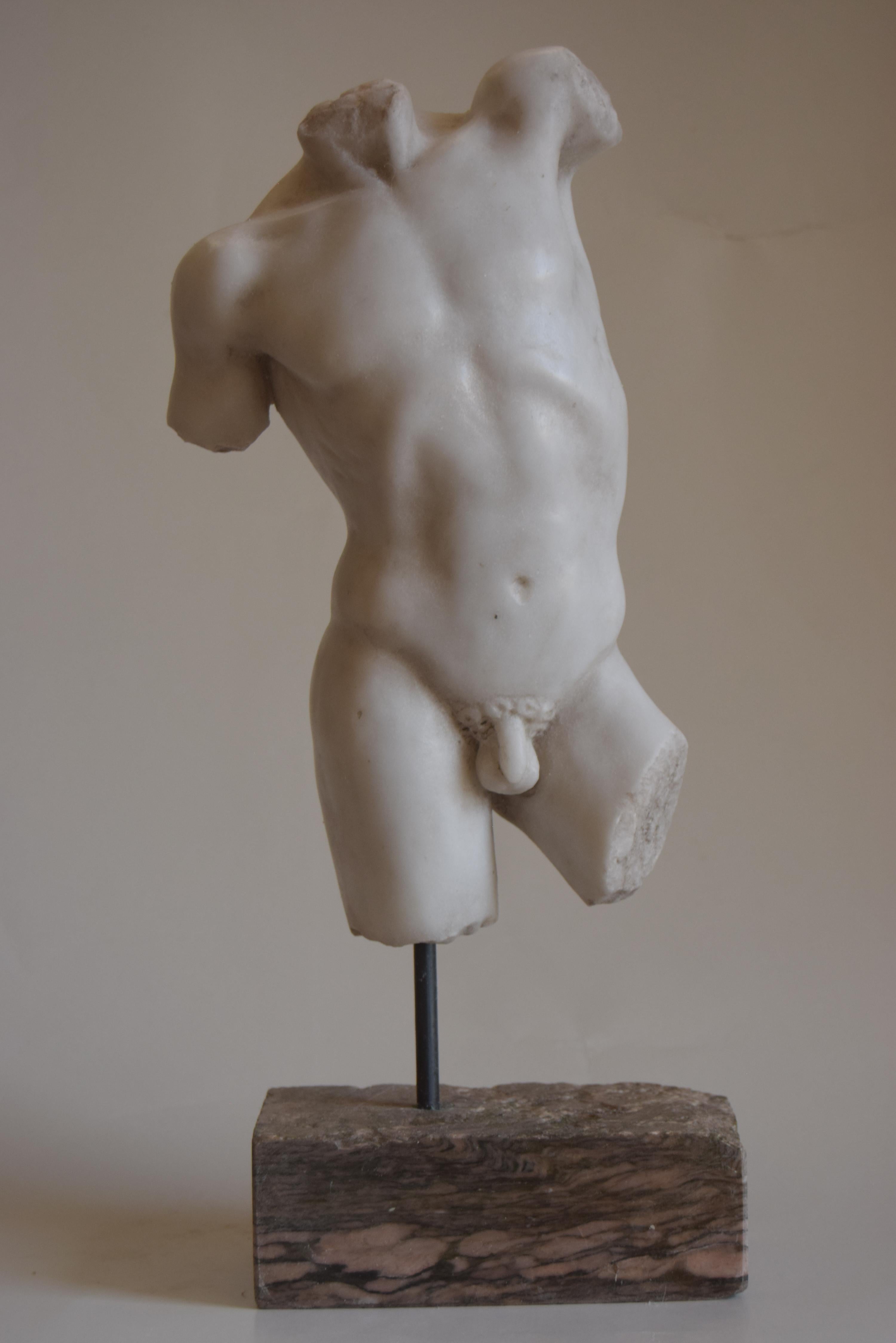 Sculpture, Male torso, classical art, Greek art, Torso, white Carrara marble, classical sculpture, ancient torso, Greek torso, statuary marble sculpture.
Male torso carved on statuary white Carrara marble, original model.
Resting on a base of rare