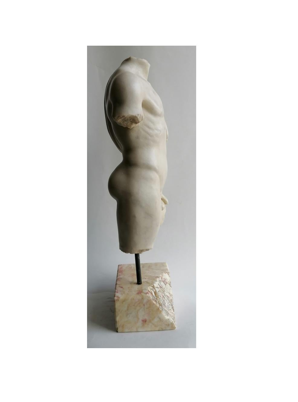 Torso maschile con panneggio. scolpito su marmo bianco di Carrara In Excellent Condition For Sale In Tarquinia, IT