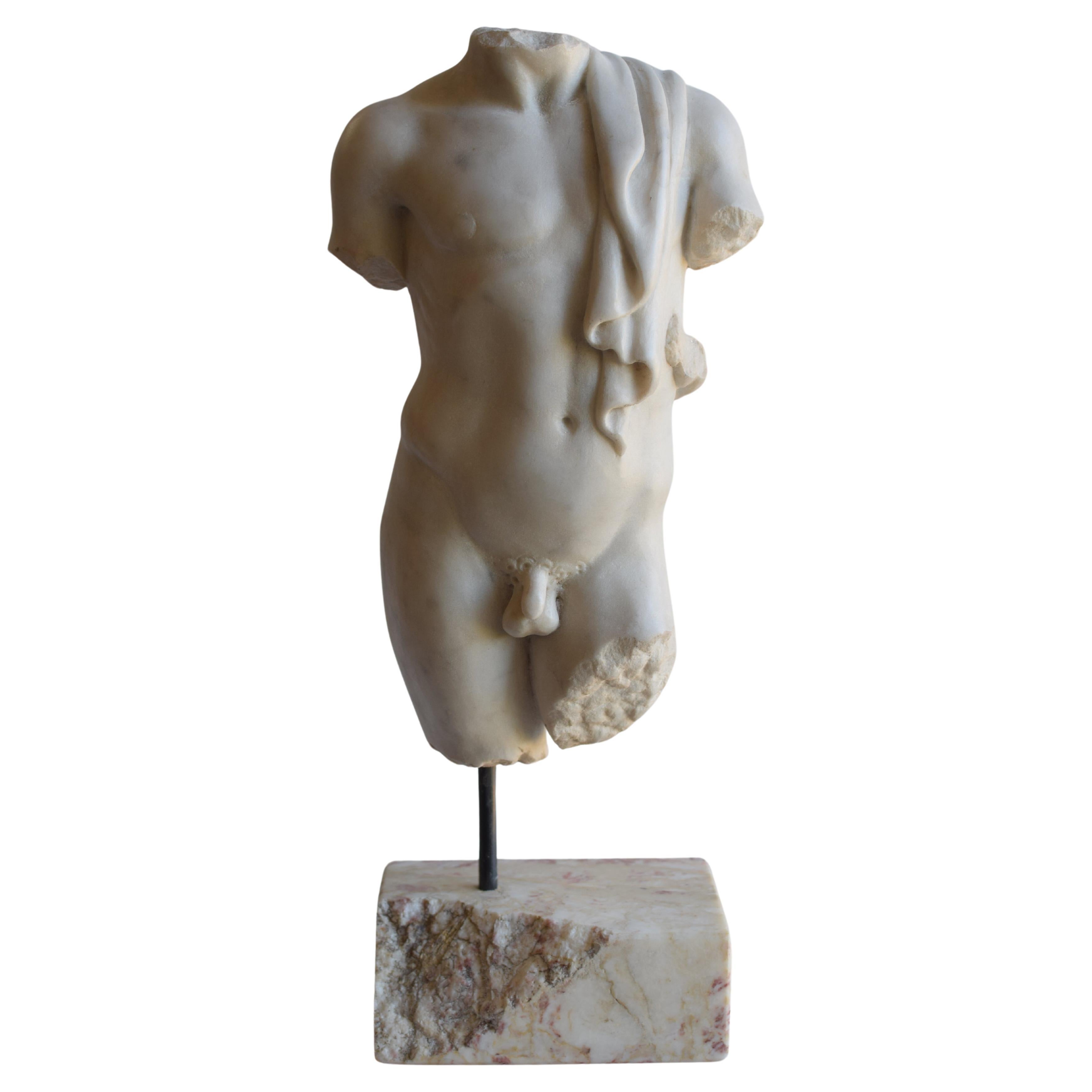 Torse masculin avec draperie. sculpté sur marbre blanc de Carrare