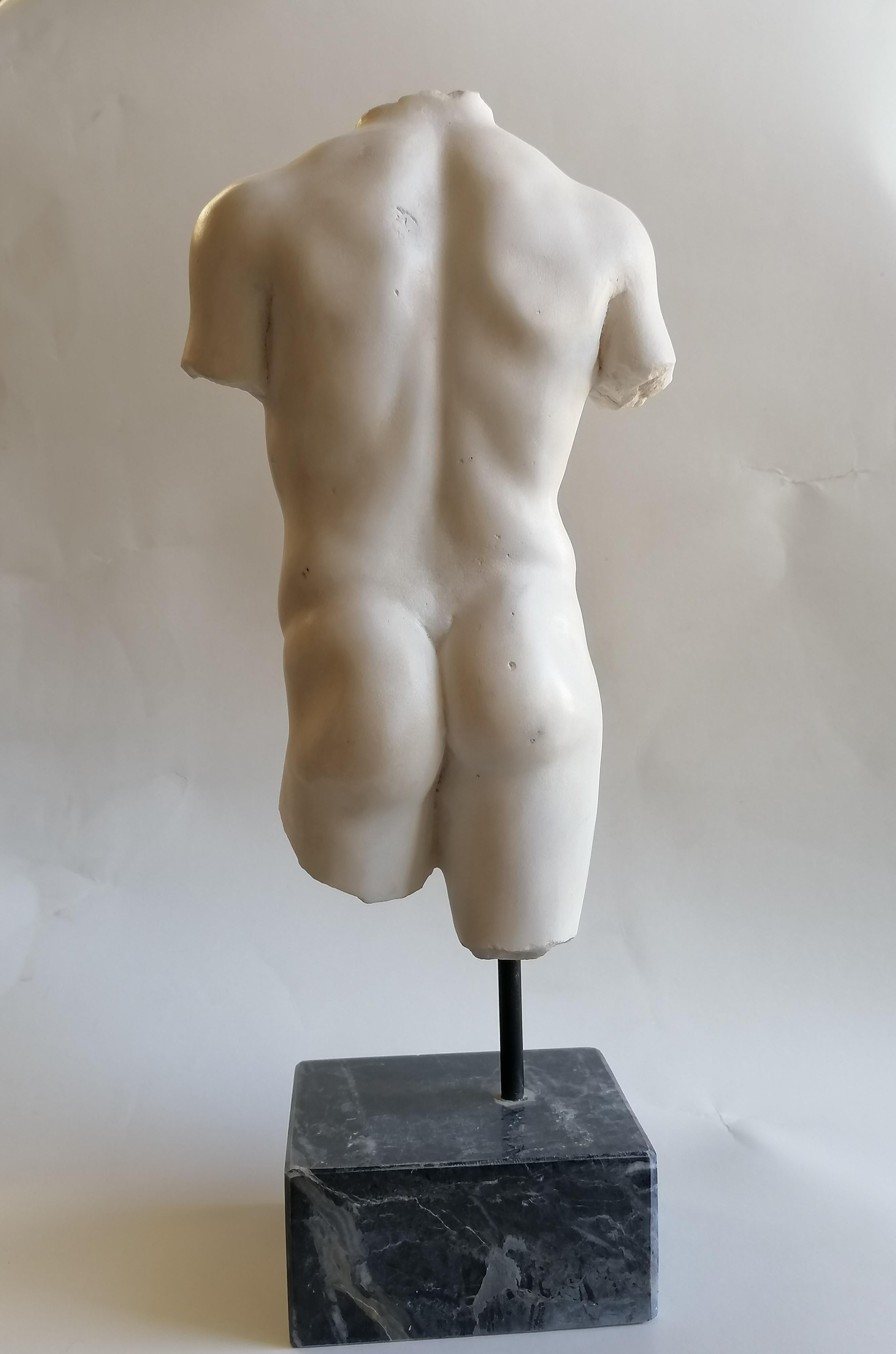 Scultura, Torso maschile, arte classica, arte greca, Torso, marmo bianco Carrara, scultura classica.
Torso maschile scolpito su bellissimo marmo bianco di Carrara, ispirato ai Kouros greci.
Poggiante su una base in marmo nero e ferri.
L'altezza