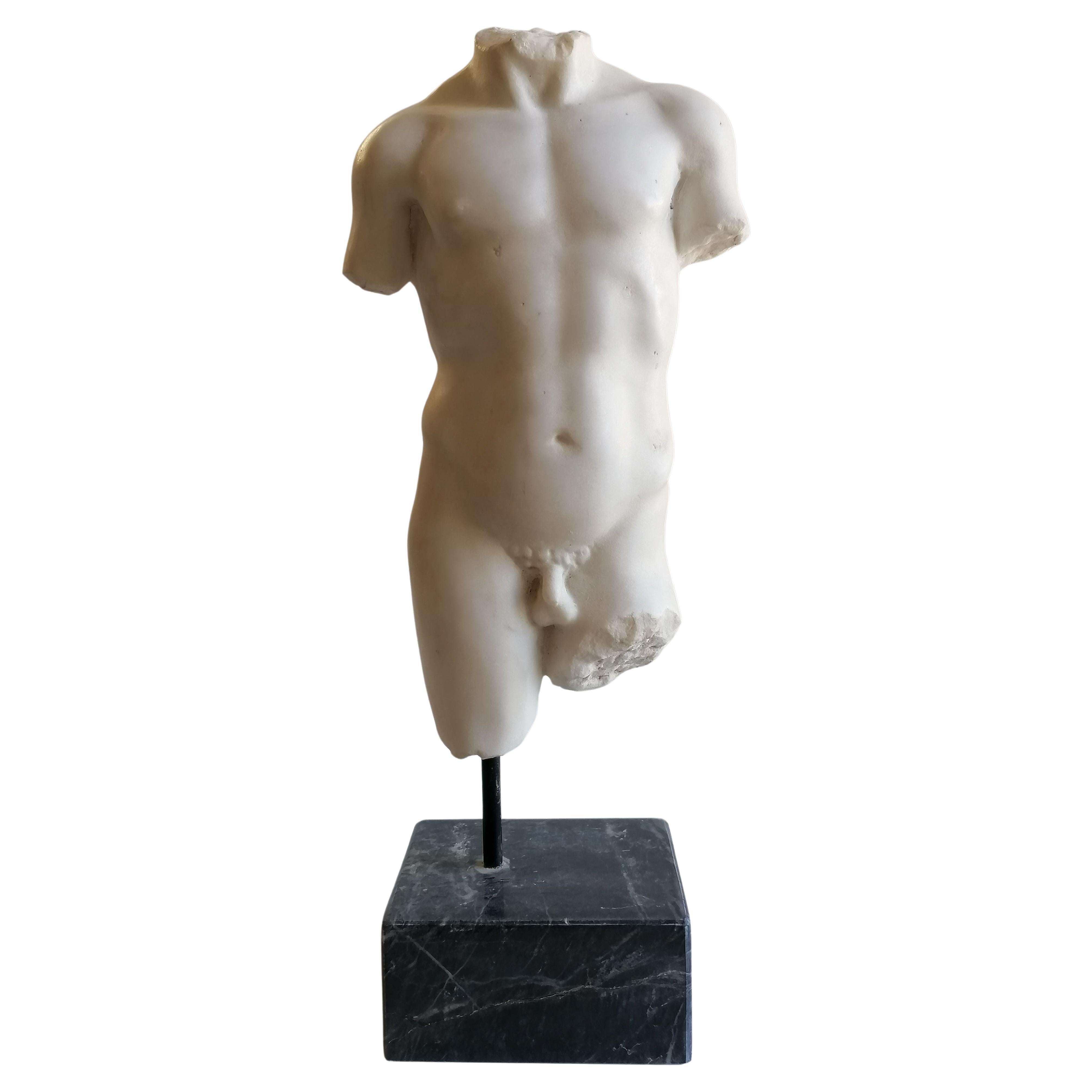 Male torso in classical style- white Carrara marble -Kouros