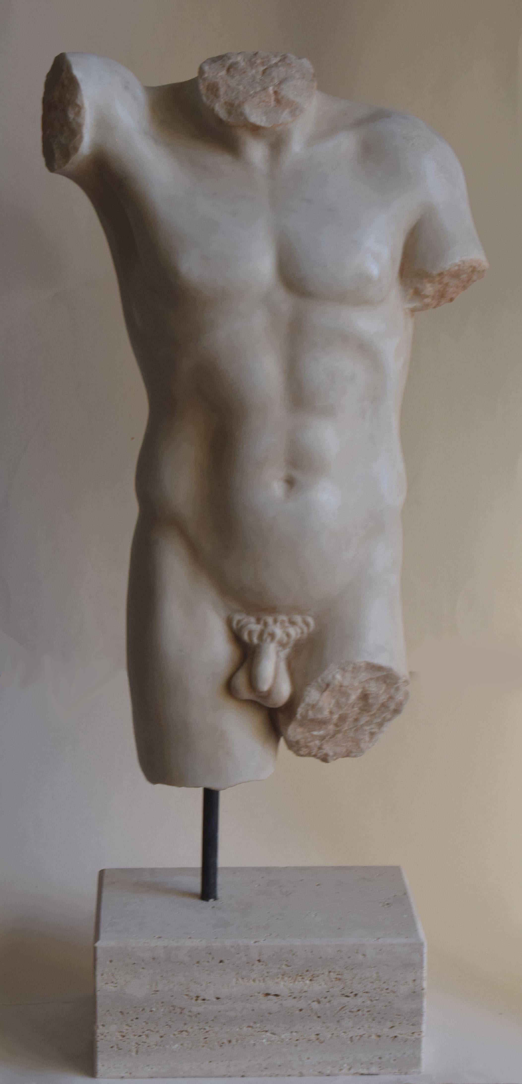 Sculpture, Male torso, classical art, Greek art, Torso, white Carrara marble, classical sculpture, ancient torso, Greek torso
Sculpted male torso on  white Carrara marble, classic style
Resting on a base of classical Roman travertine 
The height