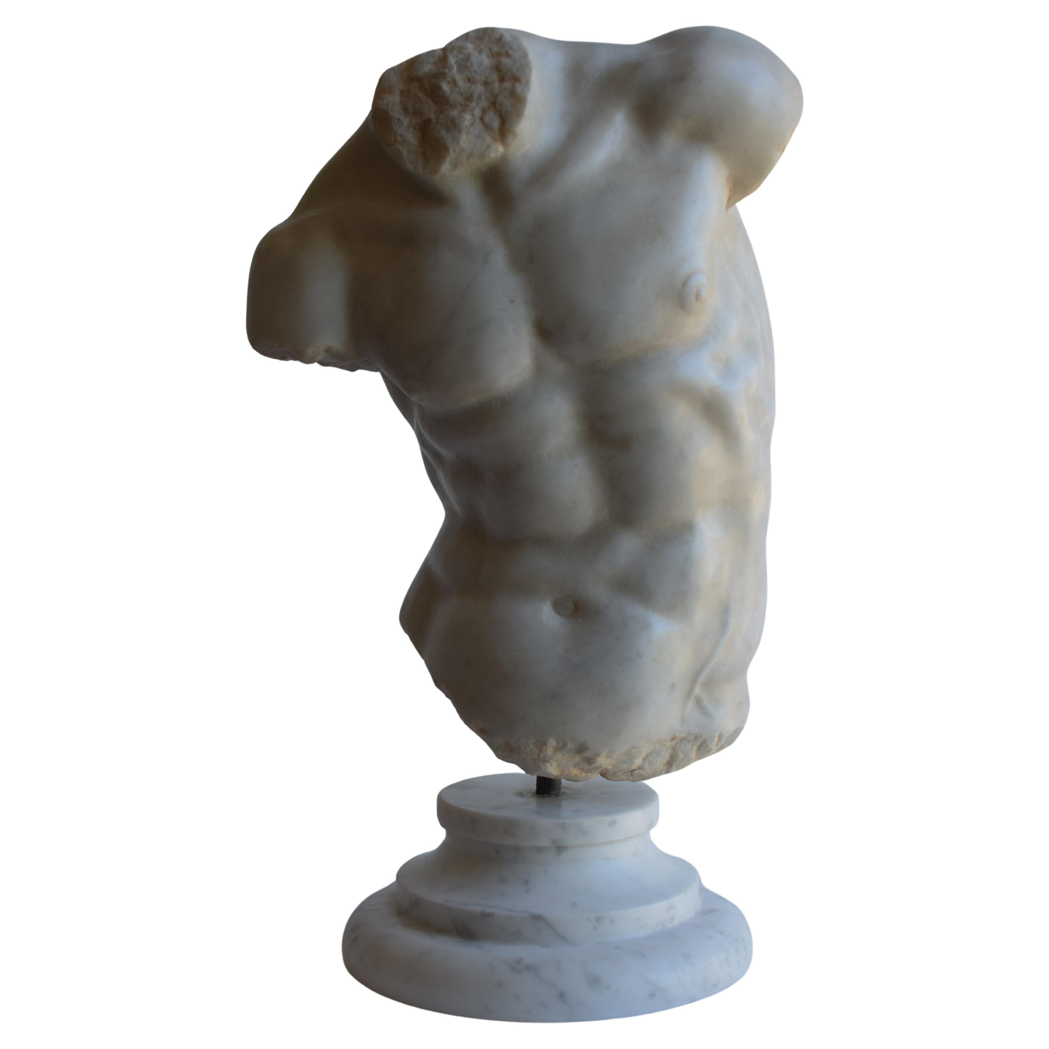 Männlicher Torso - "Torso Gaddi" auf weißem Carrara-Marmor gemeißelt im Angebot