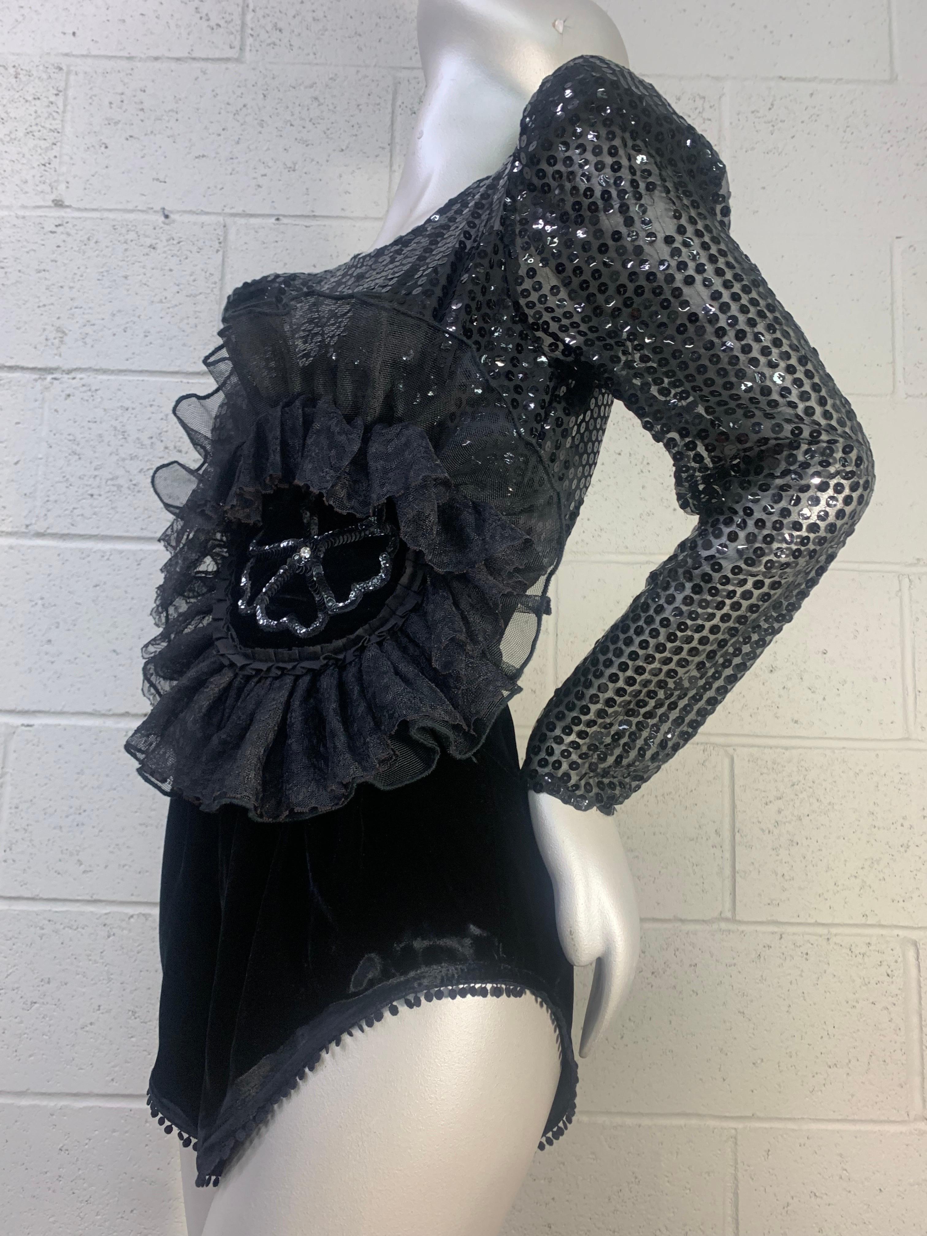 Torso Vintages Black Velvet & Sequin Formal Playsuit w Organza & Lace Corsage For Sale 1