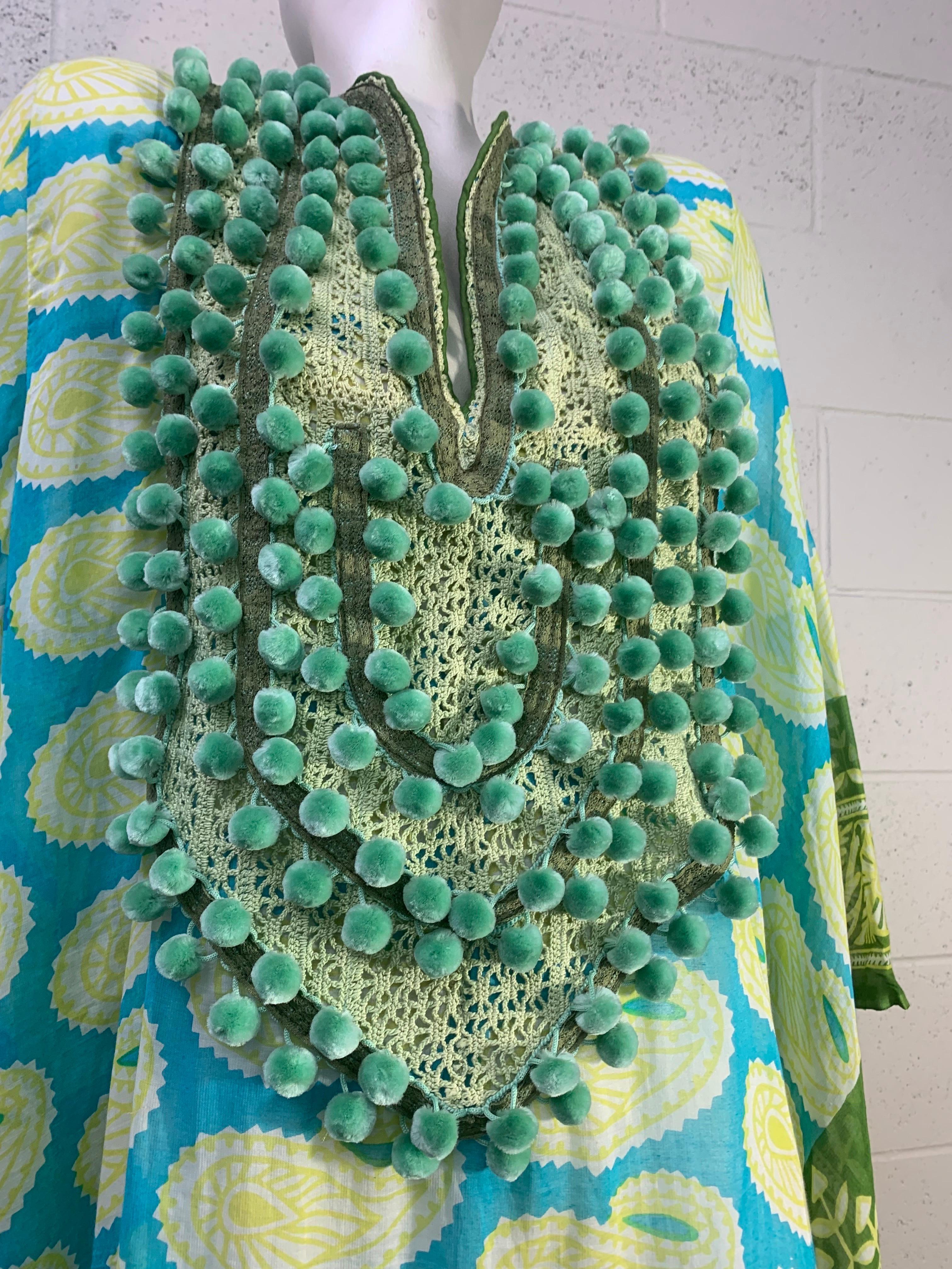 Torso Vintages Turquoise Patterned Caftan Edged in Green w Pompom Bib Front  For Sale 9