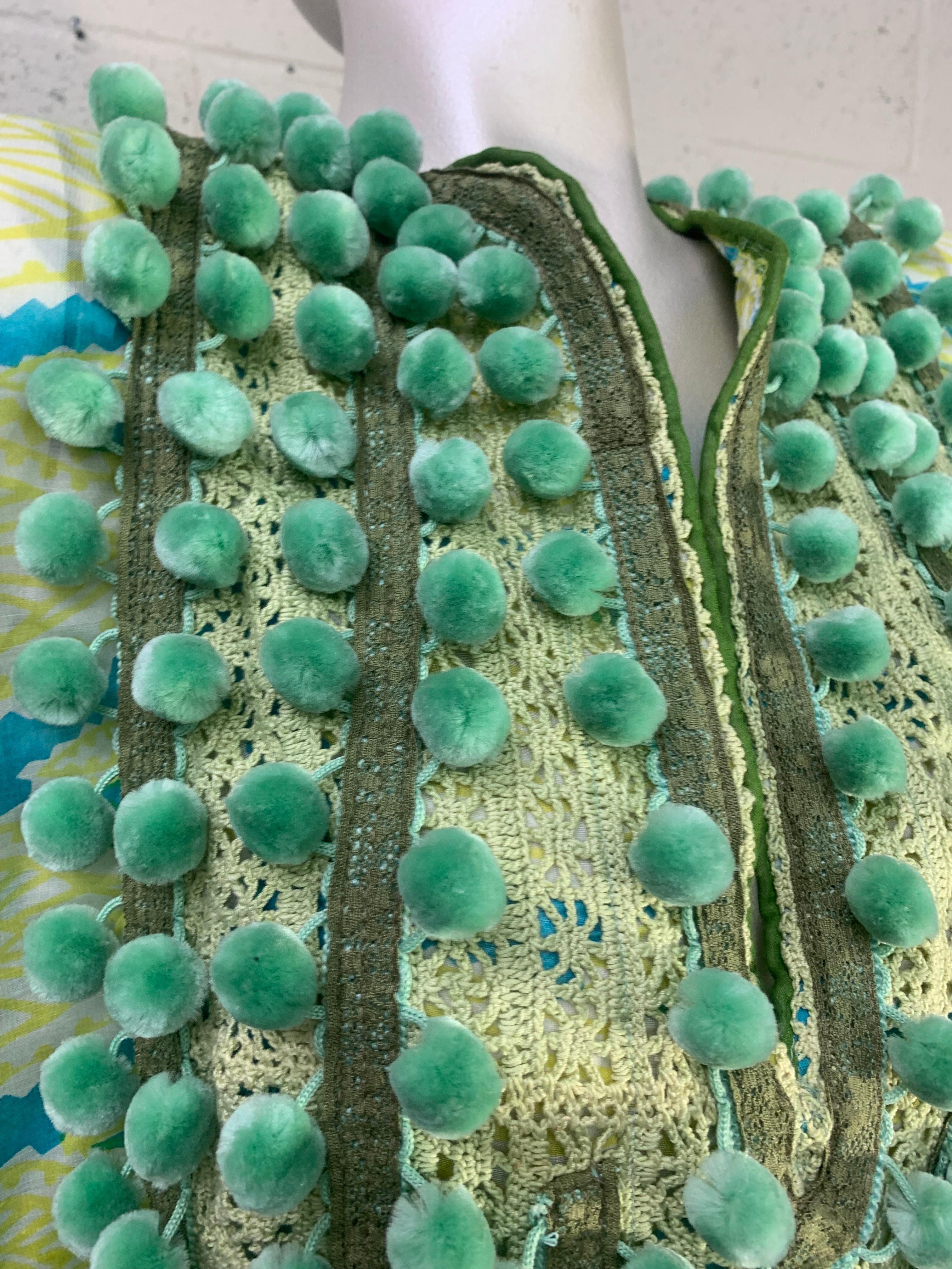 Torso Vintages Turquoise Patterned Caftan Edged in Green w Pompom Bib Front  For Sale 10
