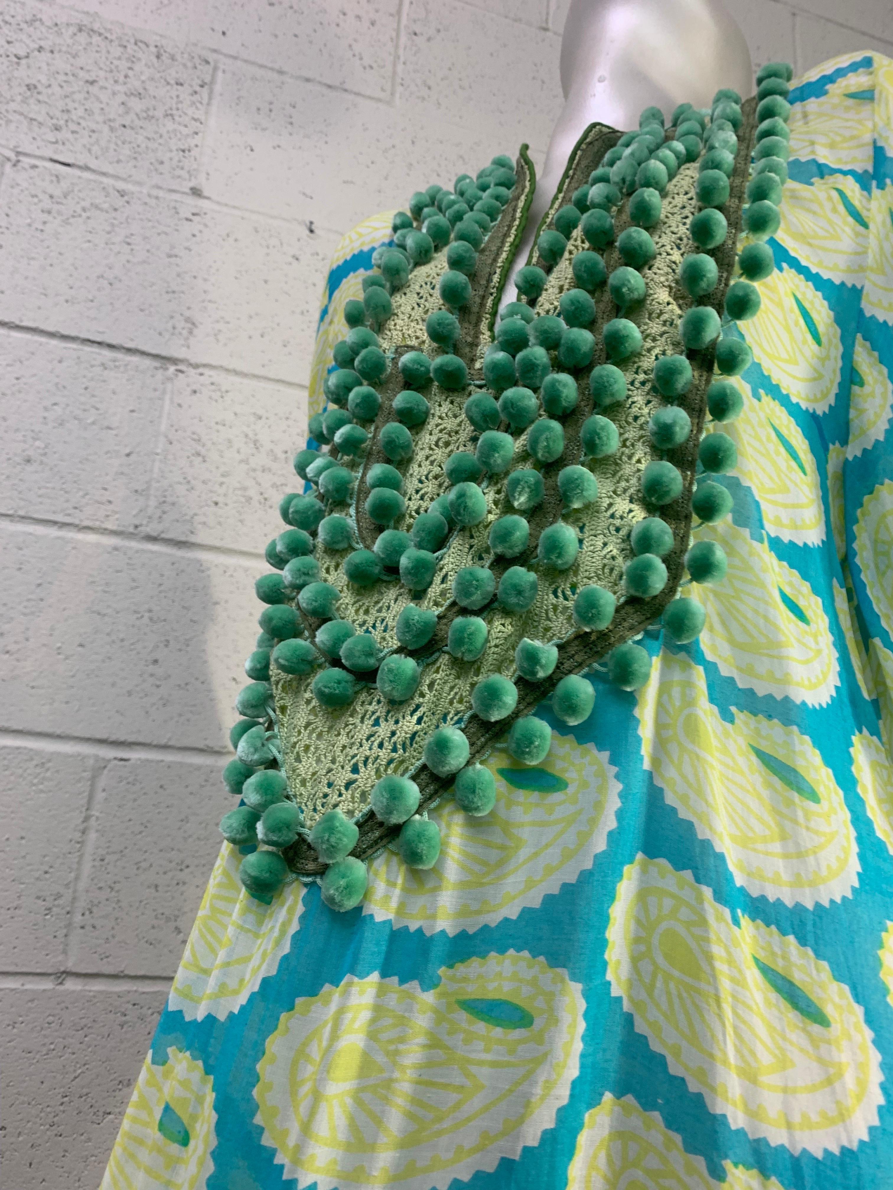 Torso Vintages Turquoise Patterned Caftan Edged in Green w Pompom Bib Front  For Sale 15