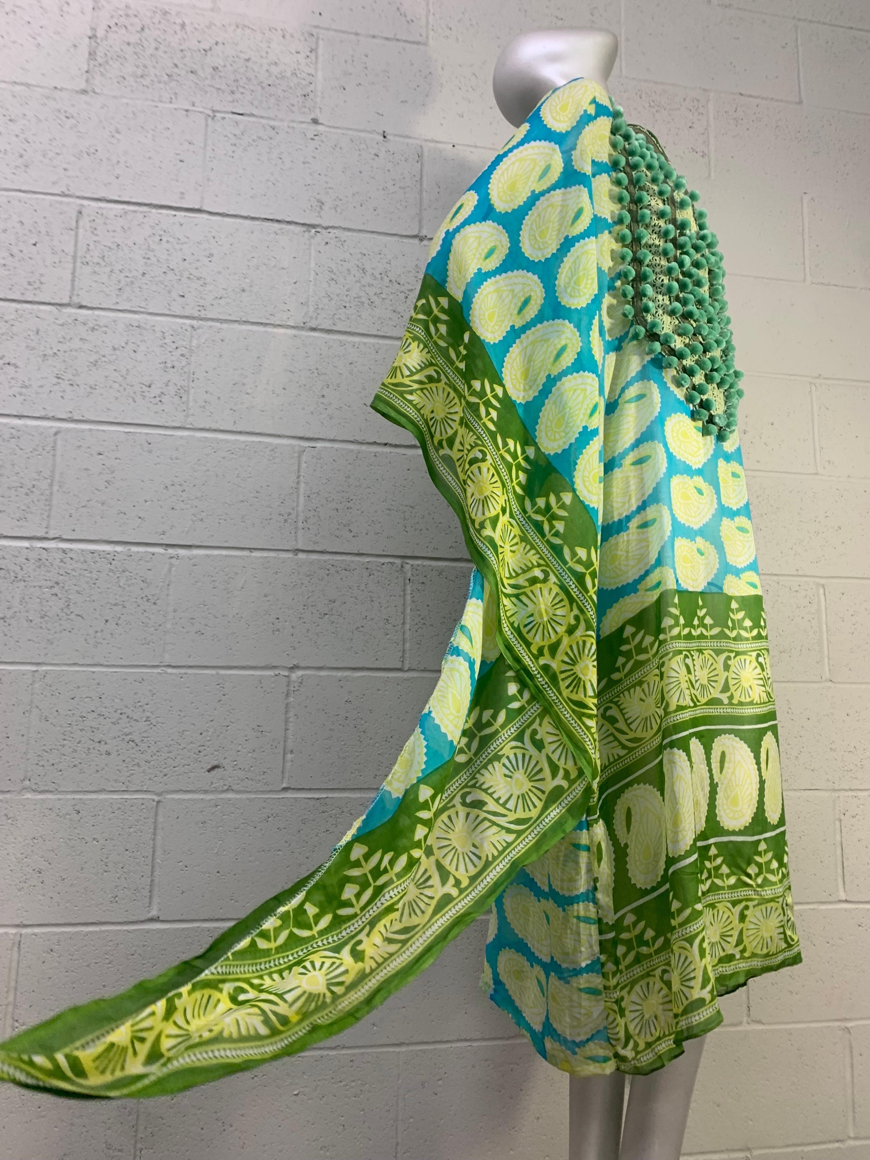 Torso Vintages Turquoise Patterned Caftan Edged in Green w Pompom Bib Front  In Excellent Condition For Sale In Gresham, OR
