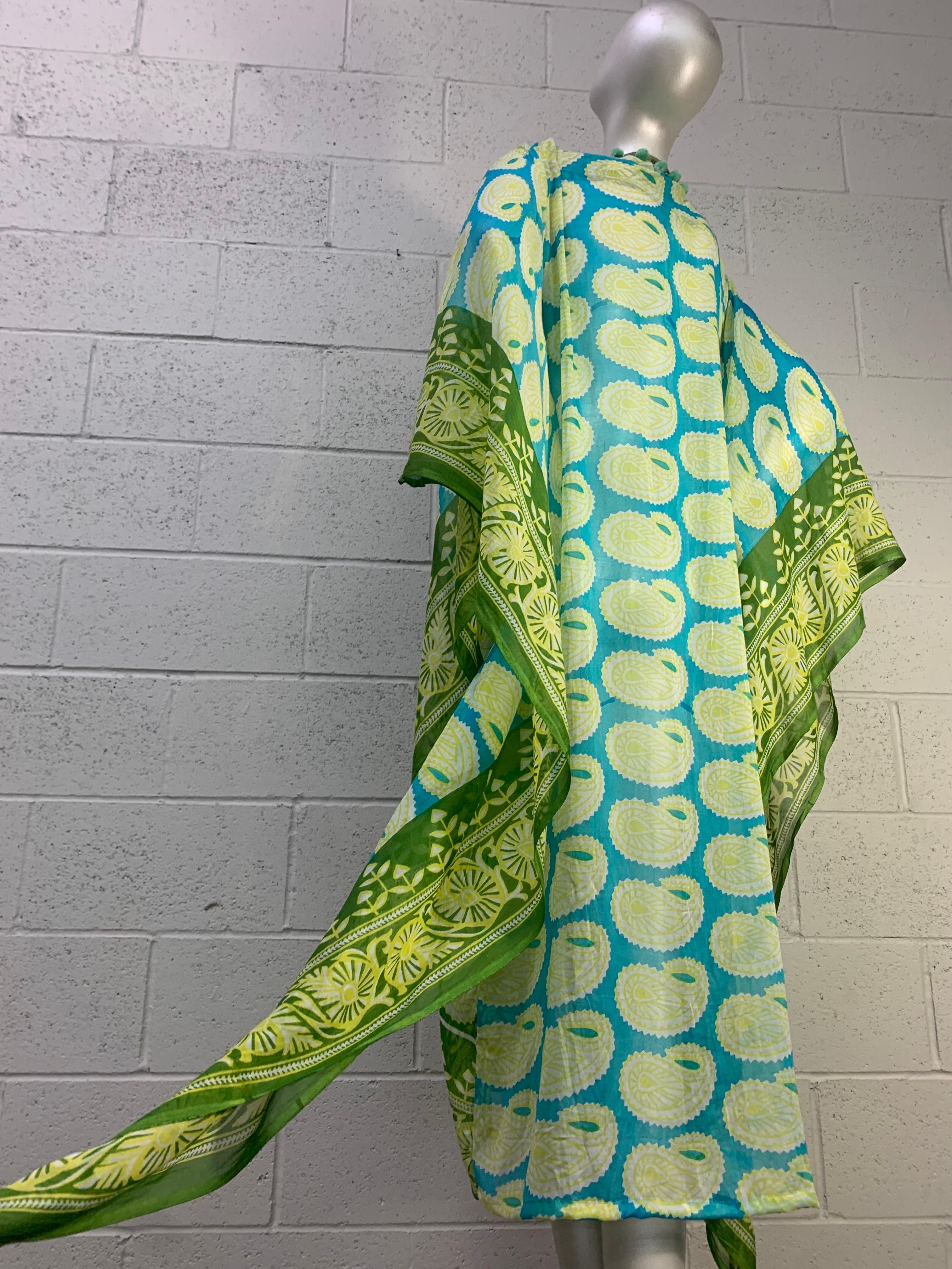 Women's Torso Vintages Turquoise Patterned Caftan Edged in Green w Pompom Bib Front  For Sale