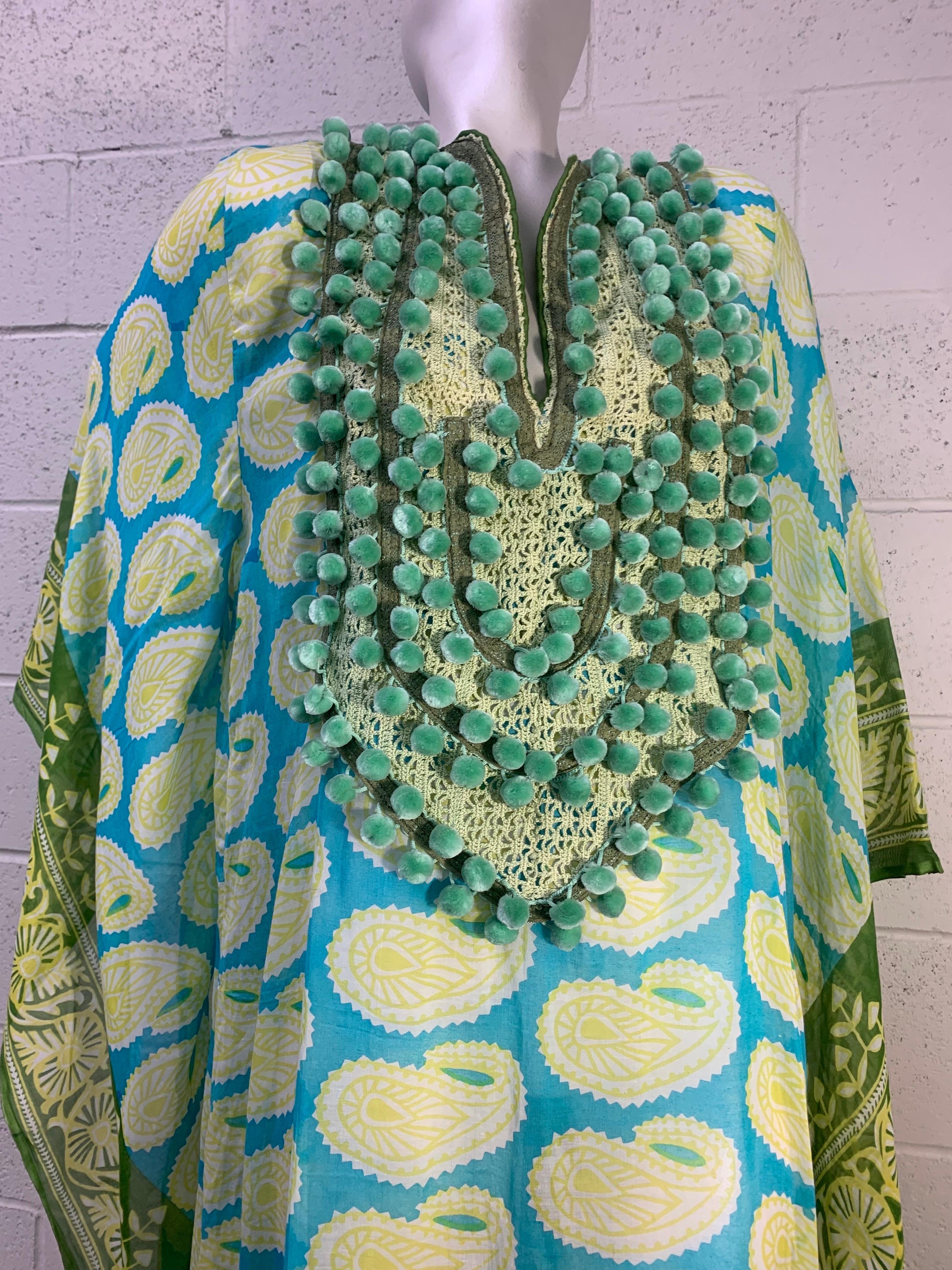 Torso Vintages Turquoise Patterned Caftan Edged in Green w Pompom Bib Front  For Sale 1