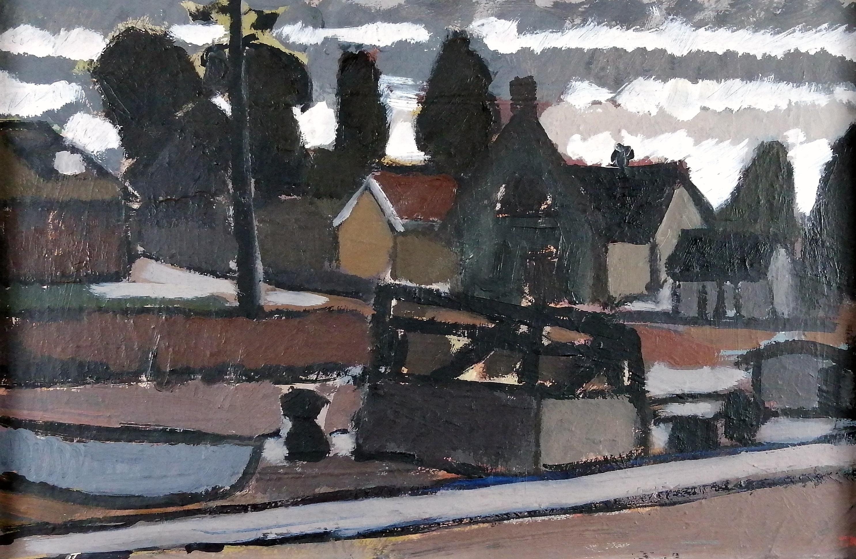 Dorflandschaft - Mitte des 20. Jahrhunderts Modernes Schwedisches Öl auf Karton Gemälde – Painting von Torsten Anderstrom