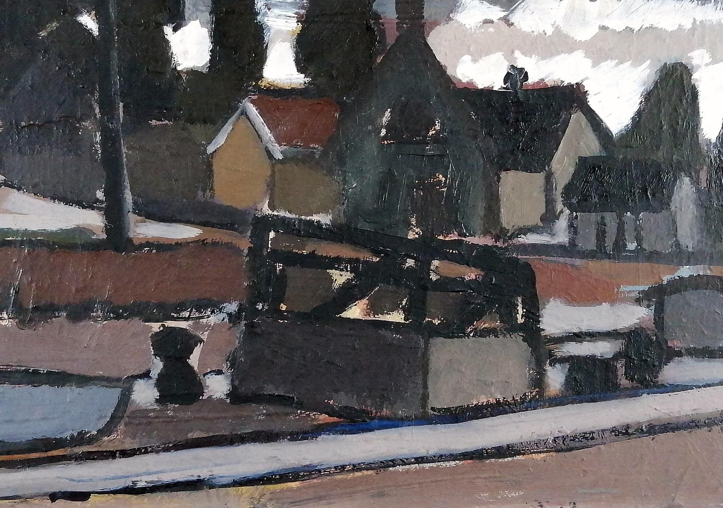 Dorflandschaft - Mitte des 20. Jahrhunderts Modernes Schwedisches Öl auf Karton Gemälde (Braun), Landscape Painting, von Torsten Anderstrom