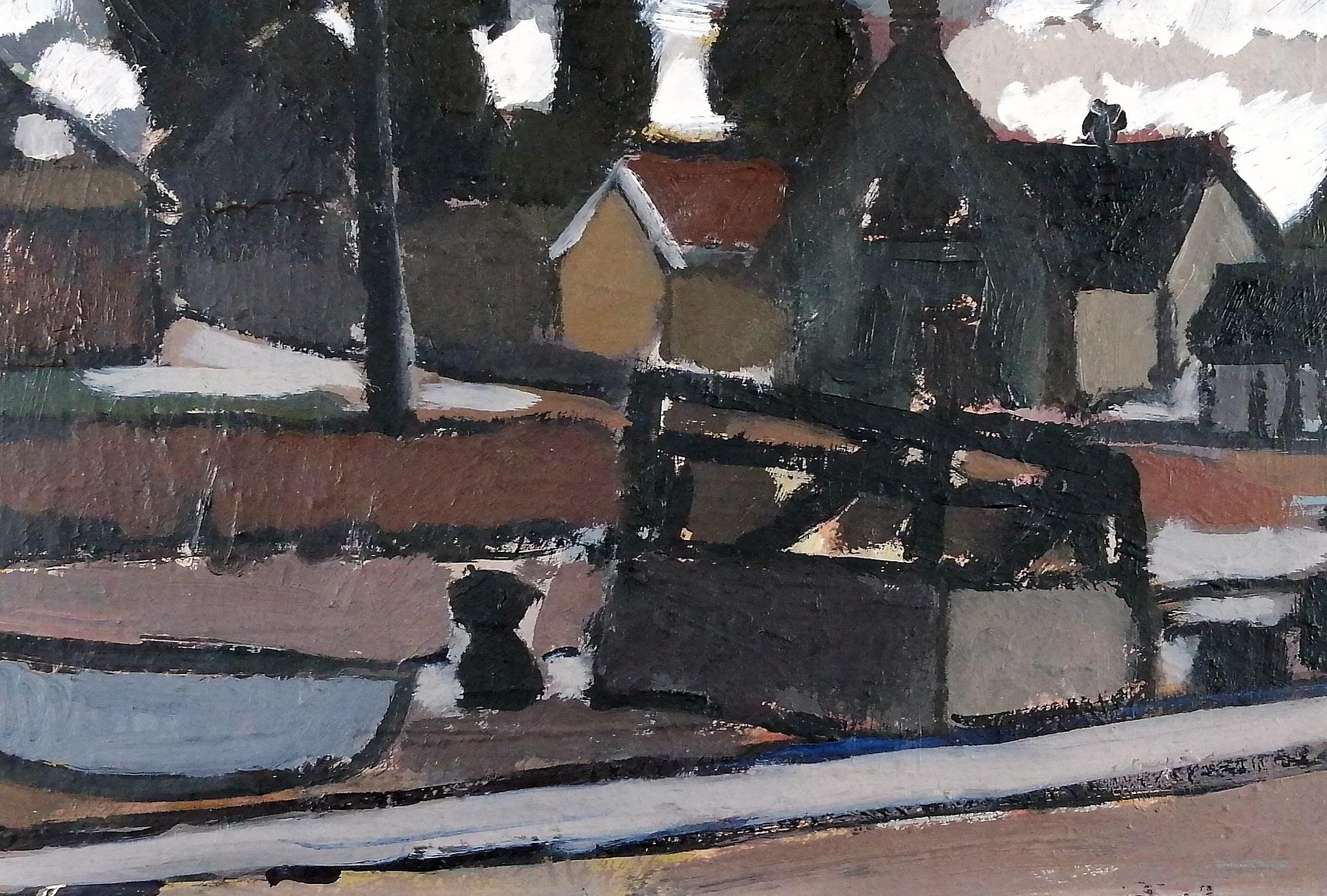 Ein hervorragendes schwedisches �Ölgemälde aus den 1950er Jahren, das eine Dorflandschaft mit einem Boot im Vordergrund zeigt, von Torsten Anderström. 

Mit seiner Größe, seiner auffälligen Farbpalette und seinen Anklängen an den Kubismus muss dieses