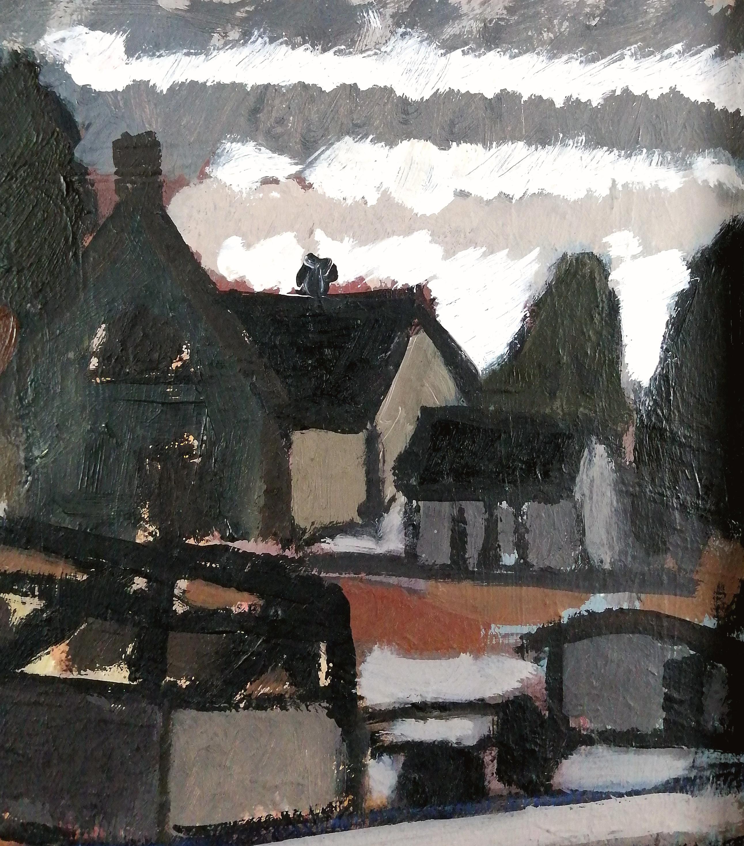 Dorflandschaft - Mitte des 20. Jahrhunderts Modernes Schwedisches Öl auf Karton Gemälde im Angebot 1