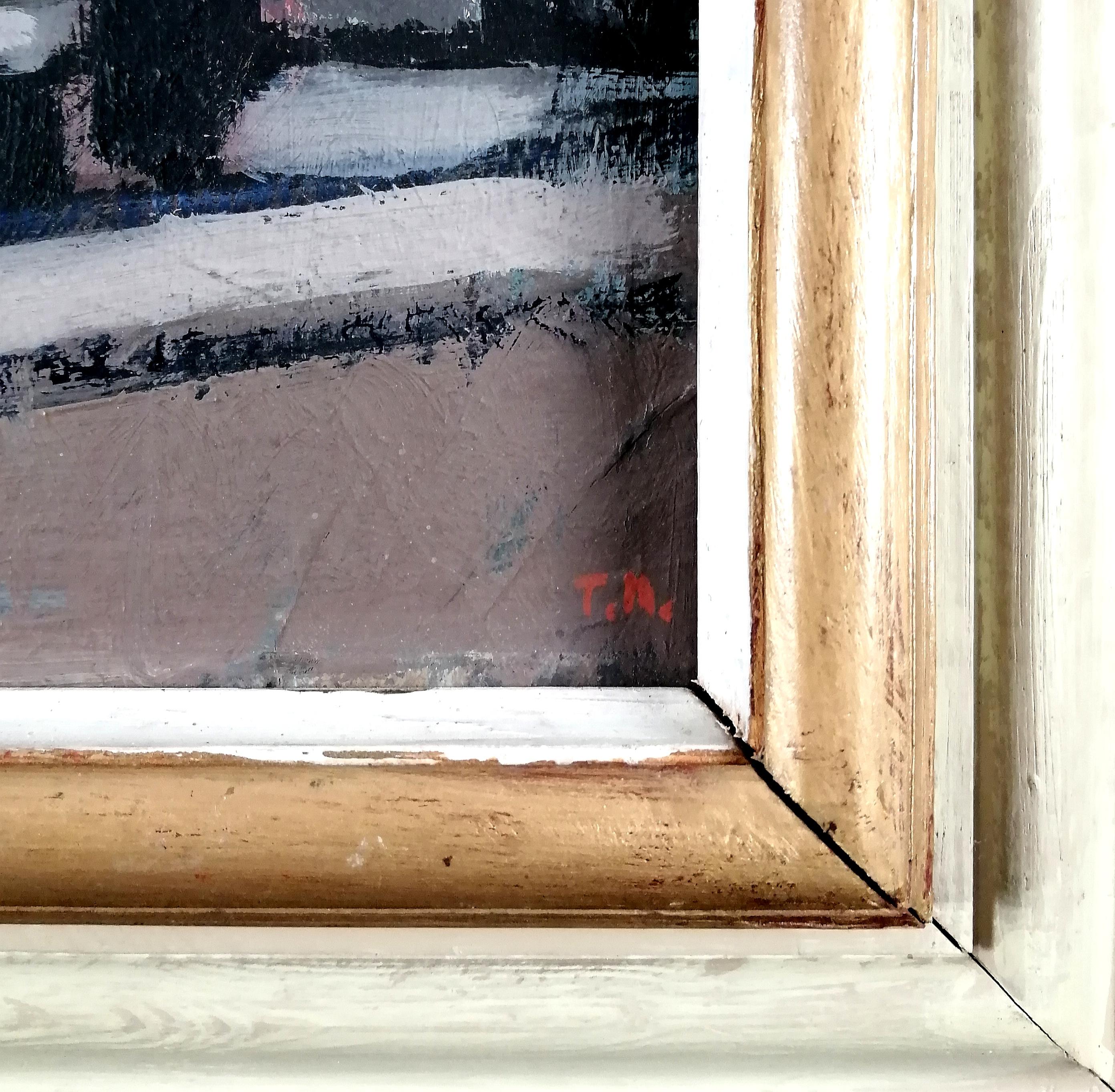 Dorflandschaft - Mitte des 20. Jahrhunderts Modernes Schwedisches Öl auf Karton Gemälde im Angebot 2