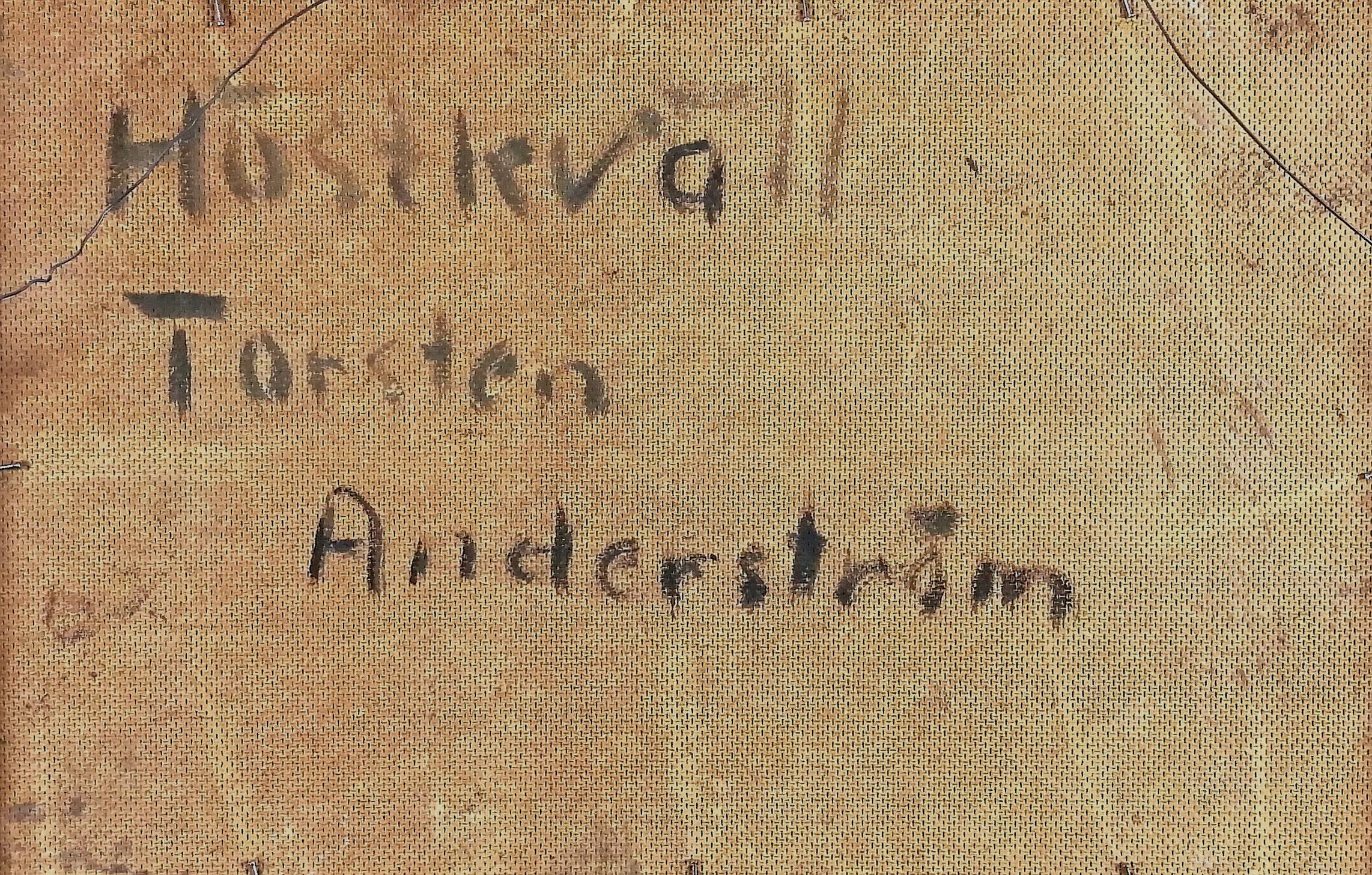 Dorflandschaft - Mitte des 20. Jahrhunderts Modernes Schwedisches Öl auf Karton Gemälde im Angebot 4