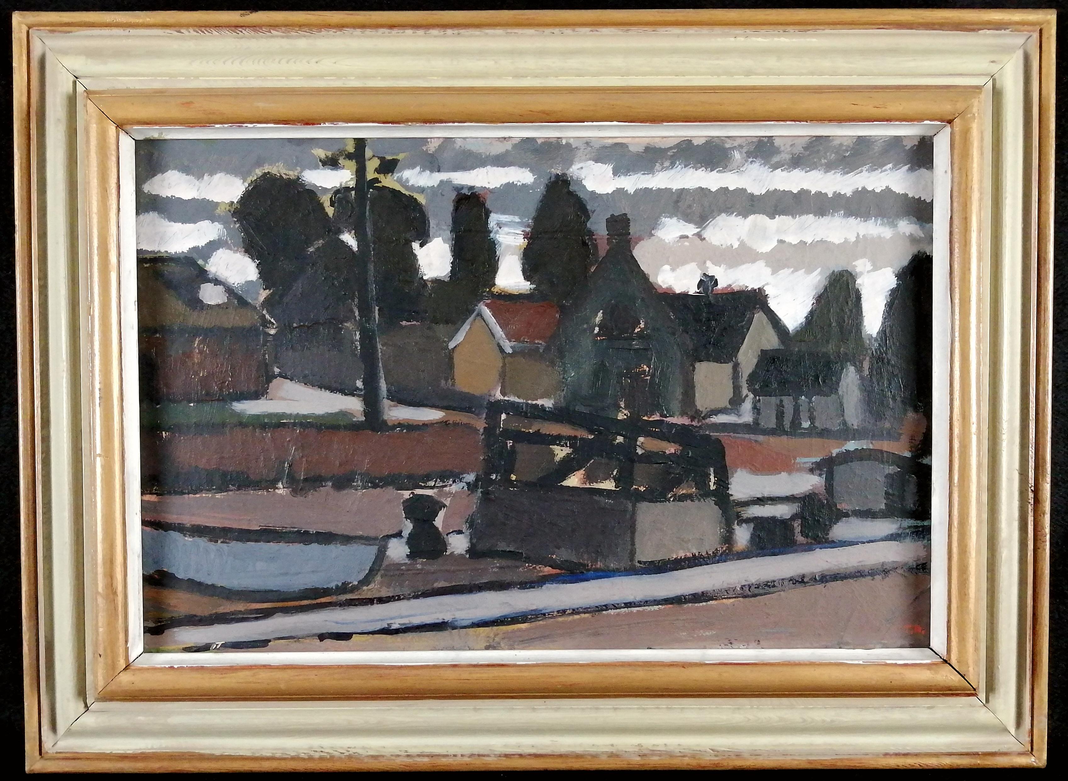 Paysage de village - Huile sur panneau suédoise moderne du milieu du 20e siècle