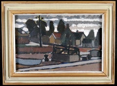 Dorflandschaft - Mitte des 20. Jahrhunderts Modernes Schwedisches Öl auf Karton Gemälde