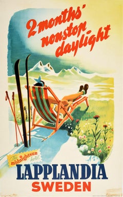 Affiche vintage d'origine Lapplandia Suède, Soleil de minuit, Journée, Ski, Sport d'hiver