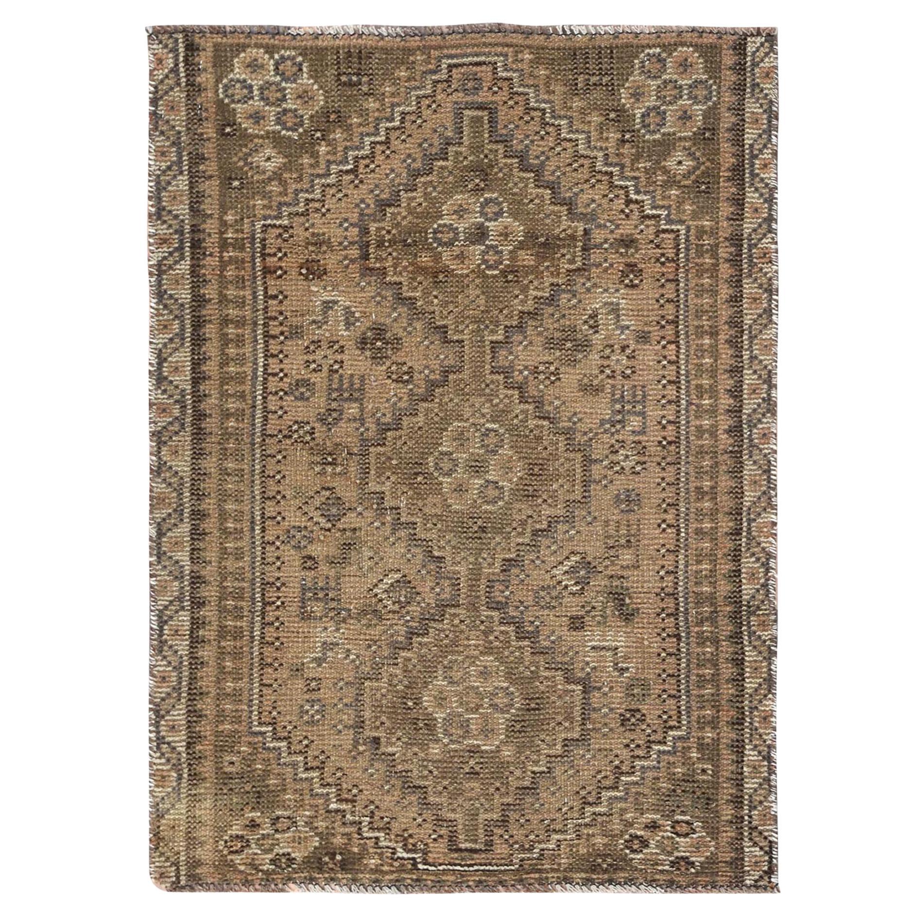 Tortilla Brown Pure Wool Hand Knotted Semi Antique Persian Shiraz Worn Down Rug For Sale