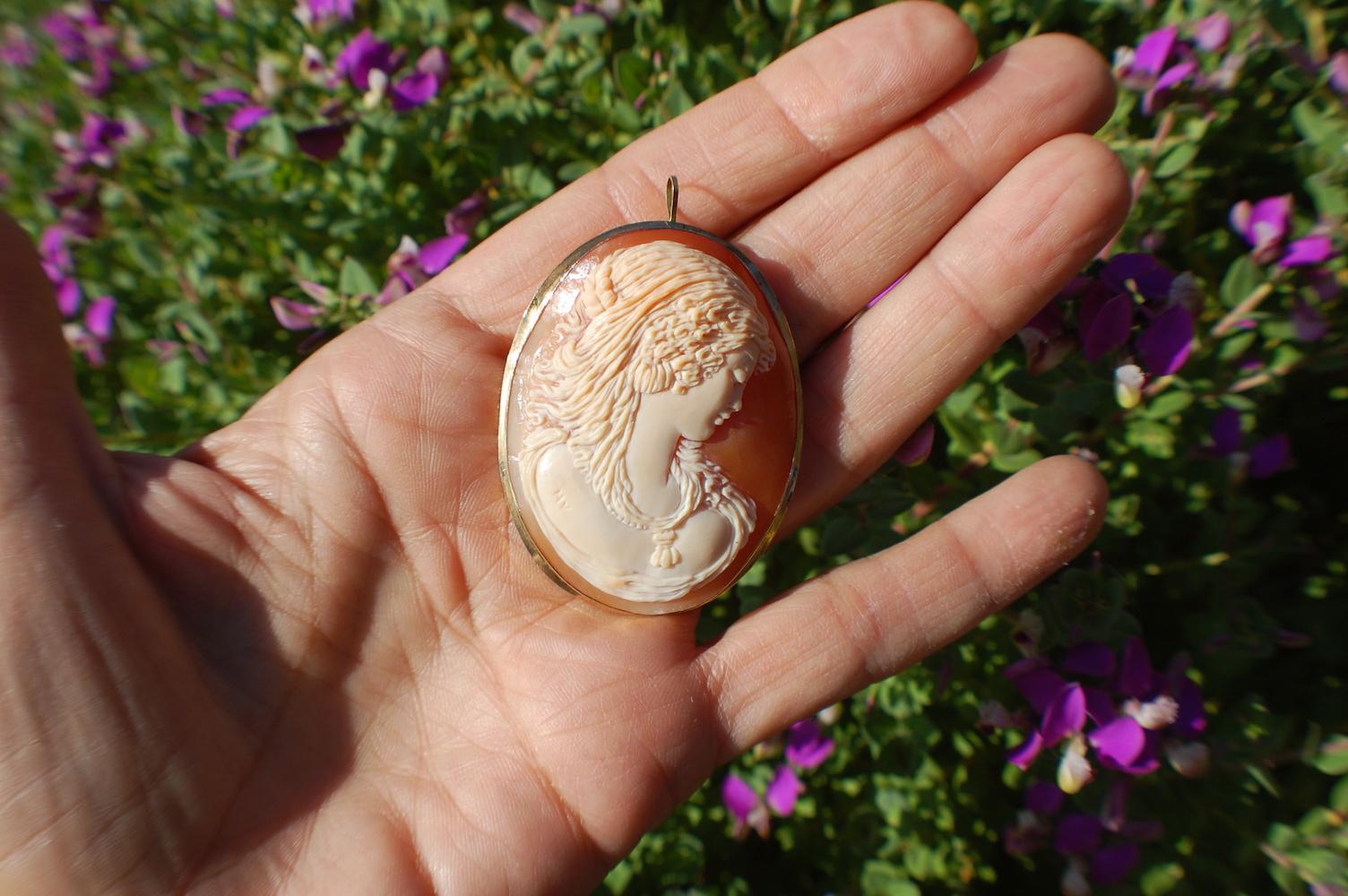 Beautiful Cameo made of natural tortoise captures the lovely ladies sincere beauty.
The pendant is 2