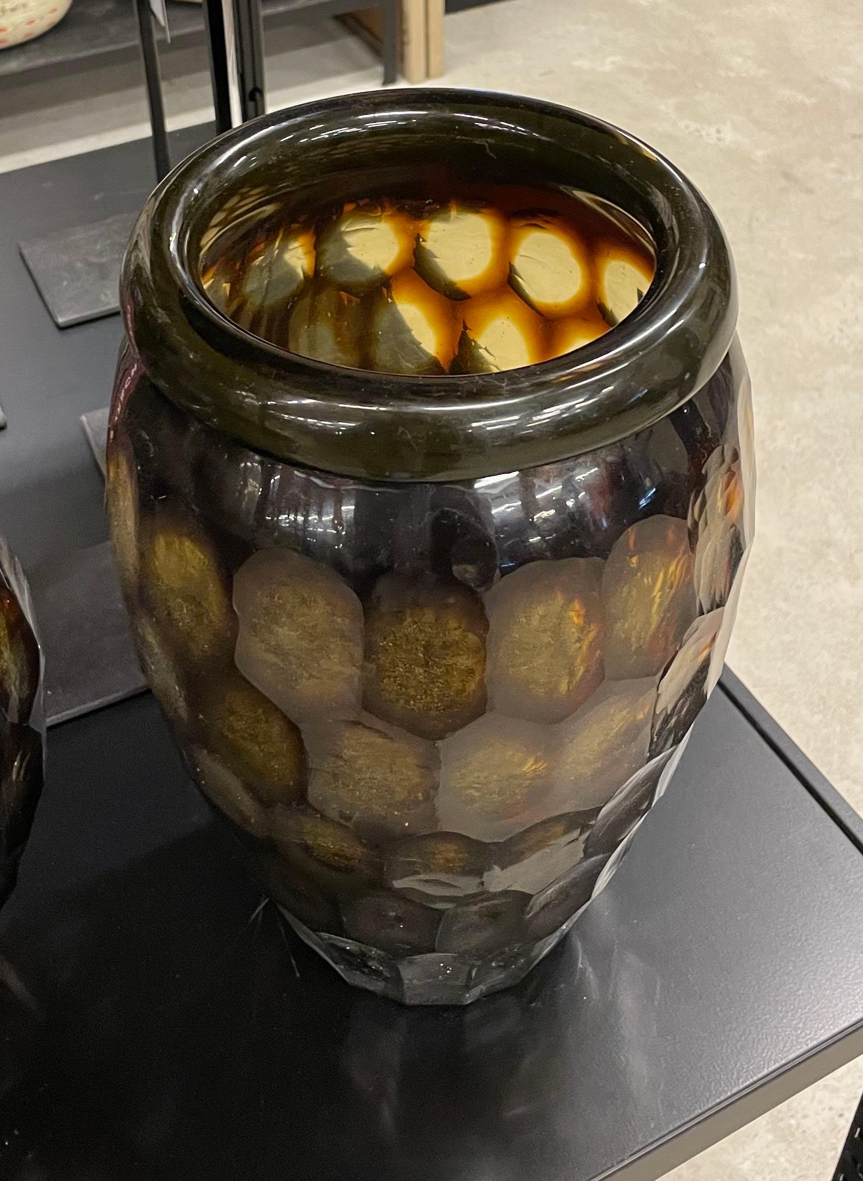 Romanian Tortoise Color Prism Cut Glass Vase, Romania, Contemporary For Sale