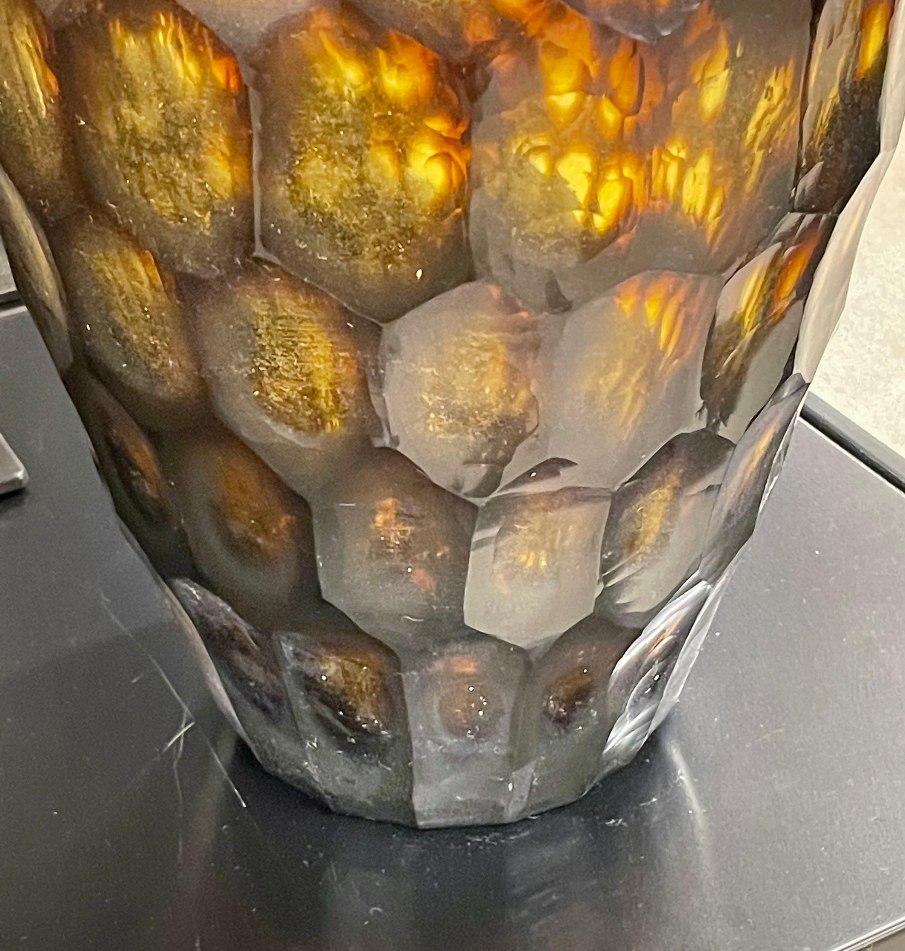Tortoise Color Prism Cut Glass Vase, Romania, Contemporary In New Condition For Sale In New York, NY