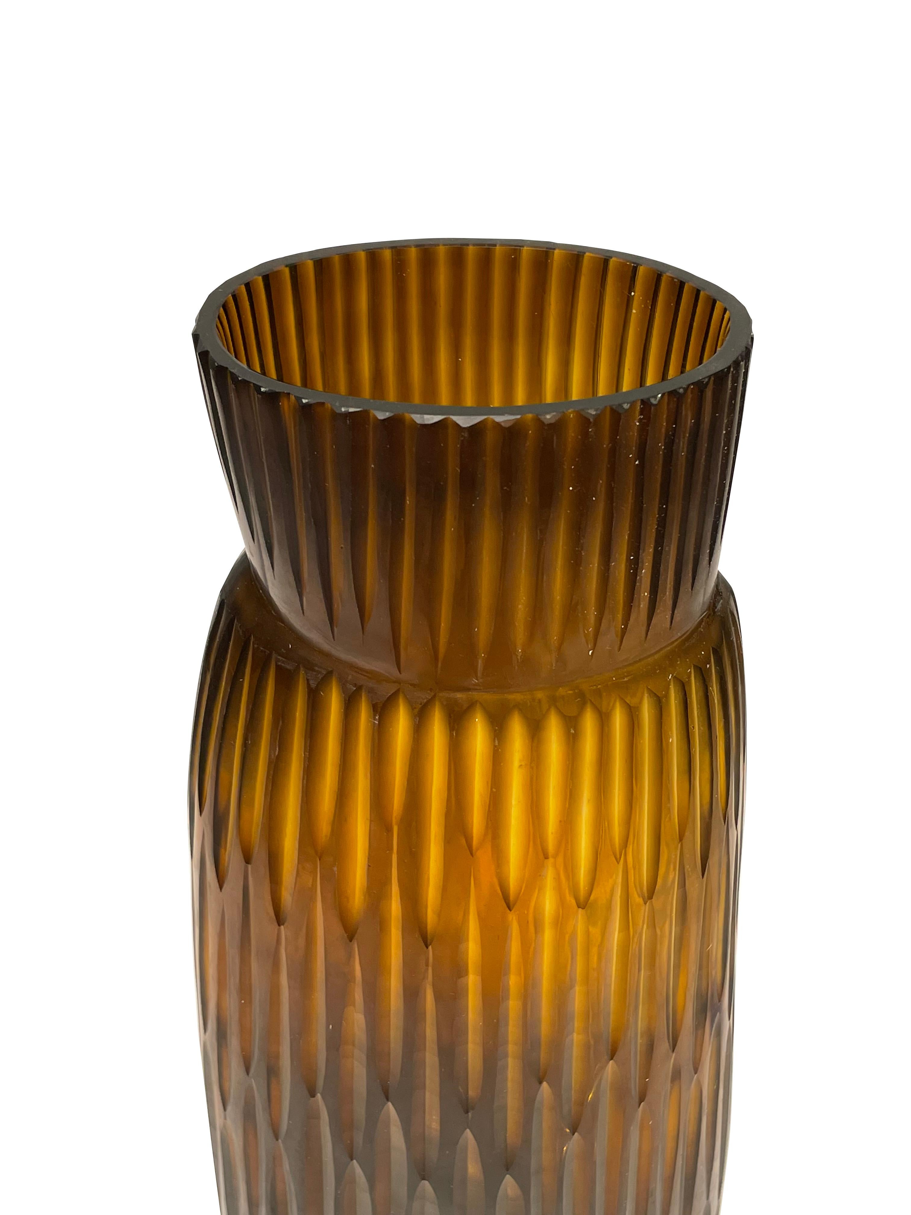 Romanian Tortoise Color Tall Vertical Rib Glass Vase, Romania, Contemporary For Sale