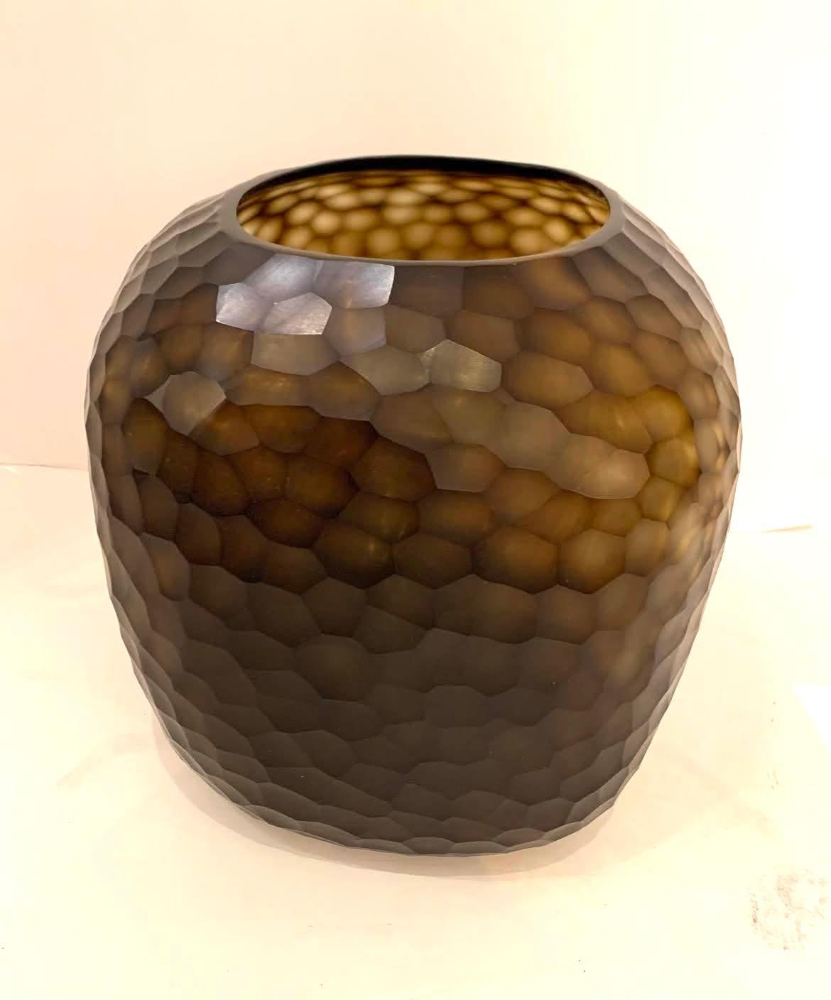 Romanian Tortoise Colored Cut Crystal Design Glass Vase, Romania, Contemporary