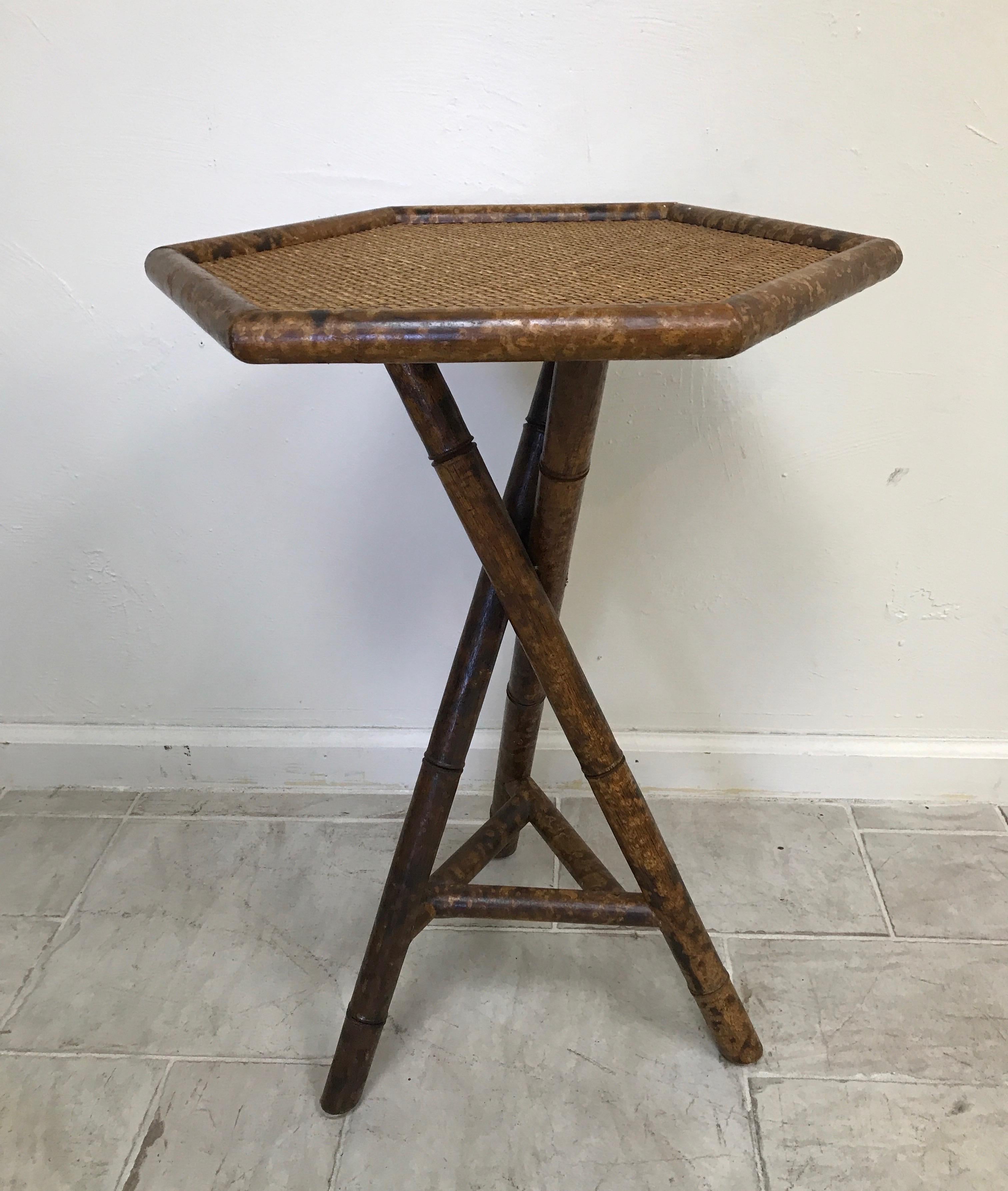 Tripod faux painted tortoise bamboo side table/stand.