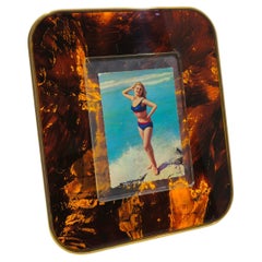 Tortoise Lucite Picture Frame Mid-Century Modern Design Italy 70s Brass Border