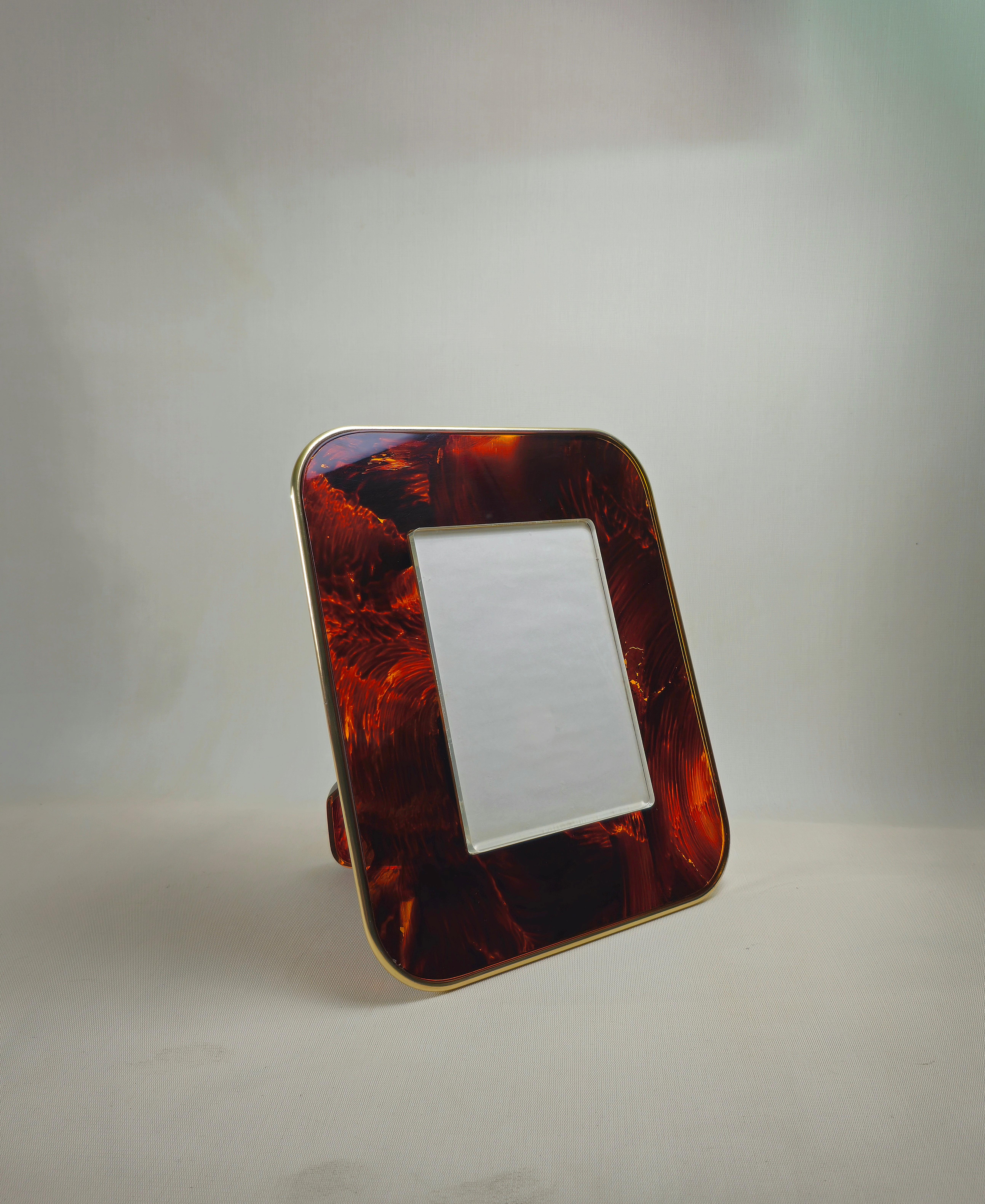 Tortoise Lucite Picture Frame Midcentury Design Italy 70s  Brass Border 5