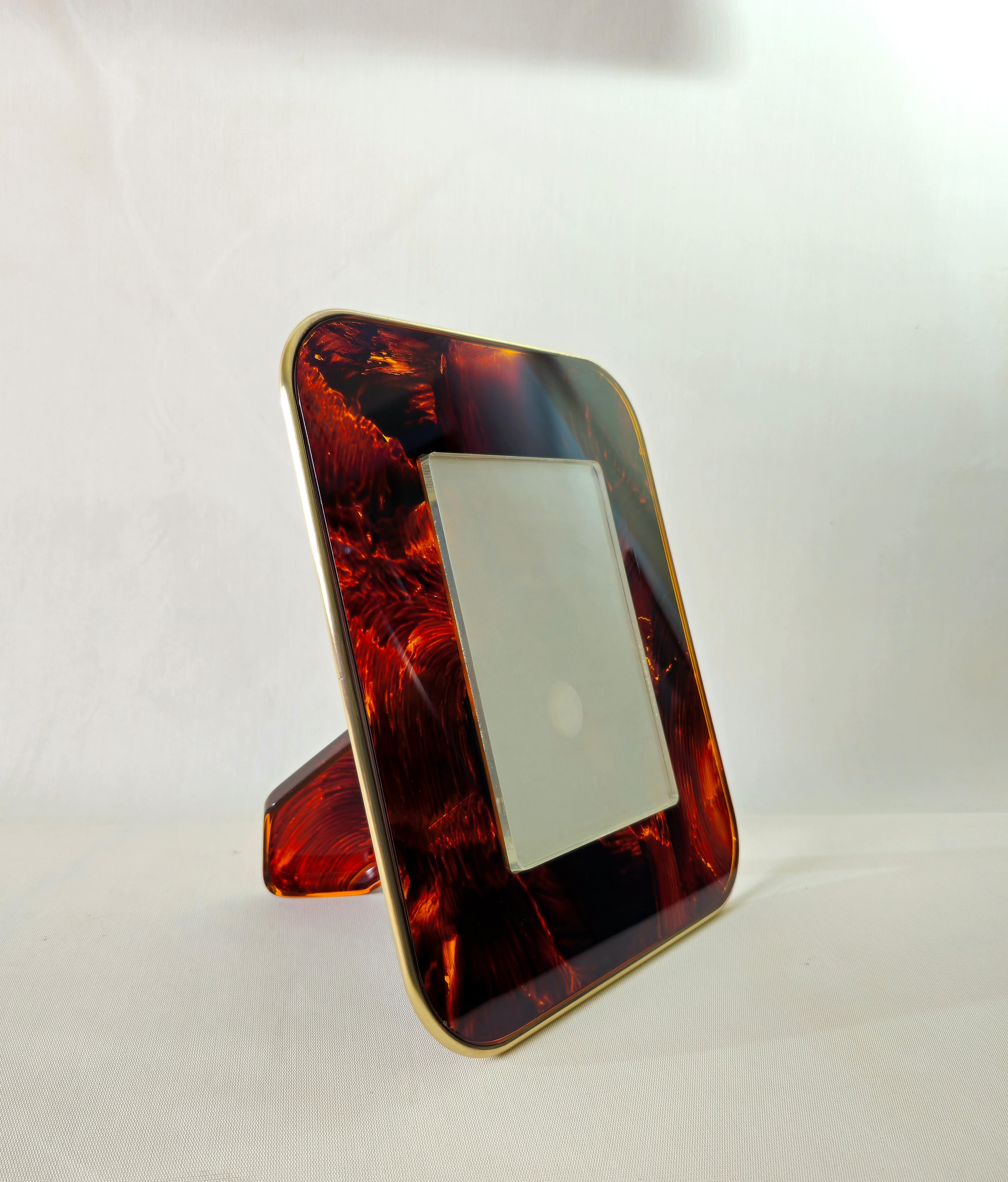 Tortoise Lucite Picture Frame Midcentury Design Italy 70s  Brass Border 7