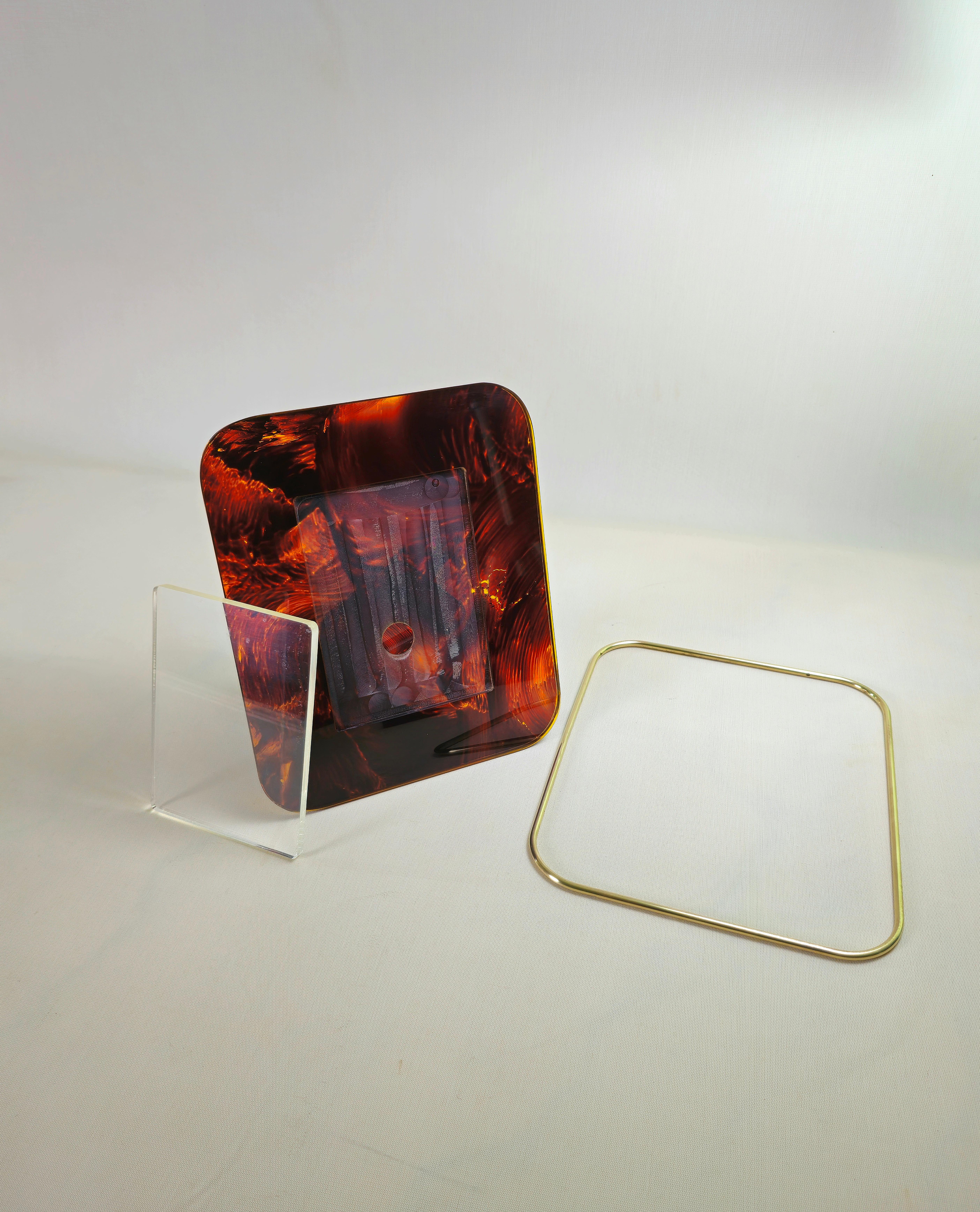 Tortoise Lucite Picture Frame Midcentury Design Italy 70s  Brass Border 1