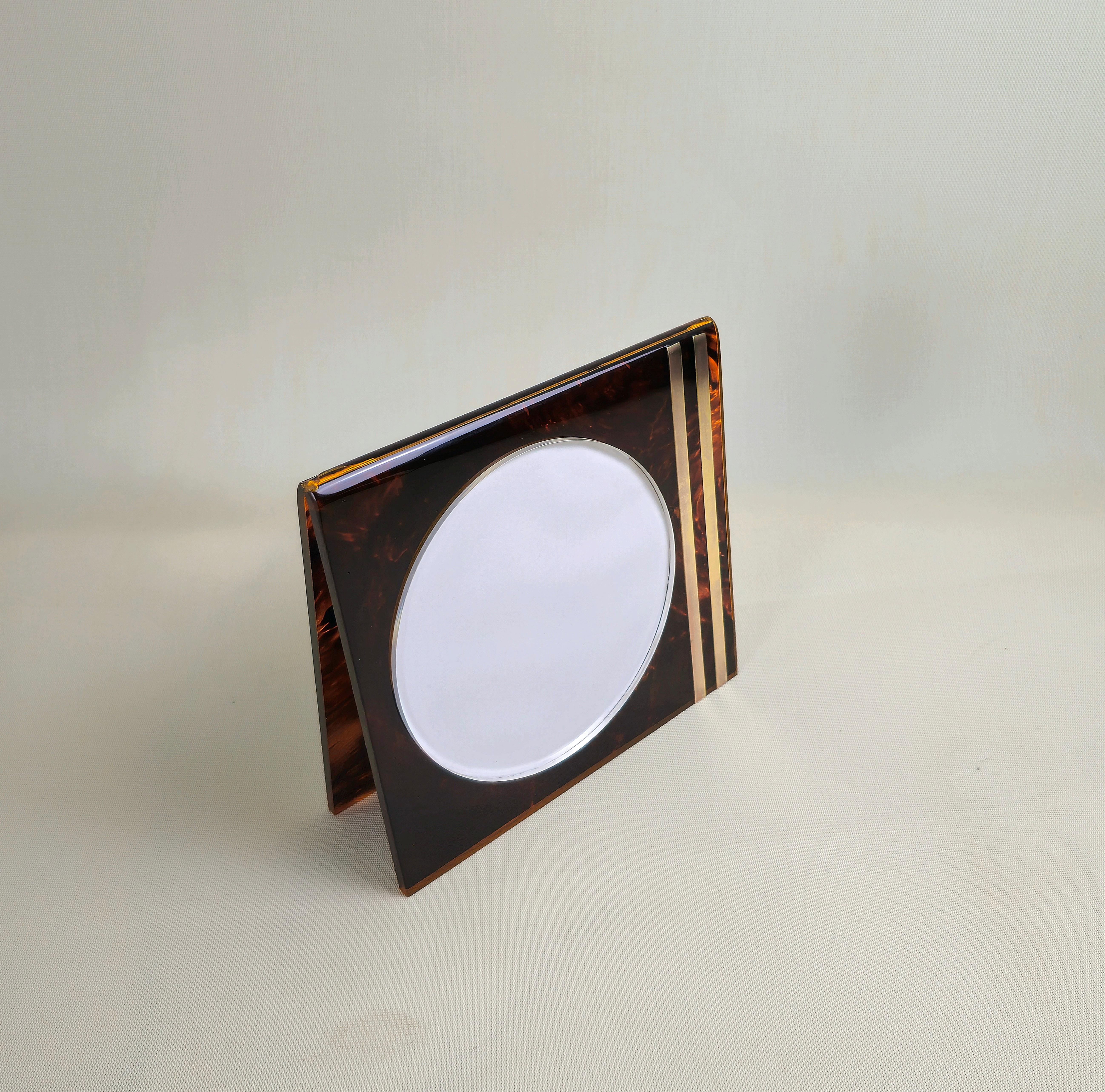 Tortoise Lucite Picture Frame Midcentury Italy 70s Brass Accessory Team Guzzini For Sale 1