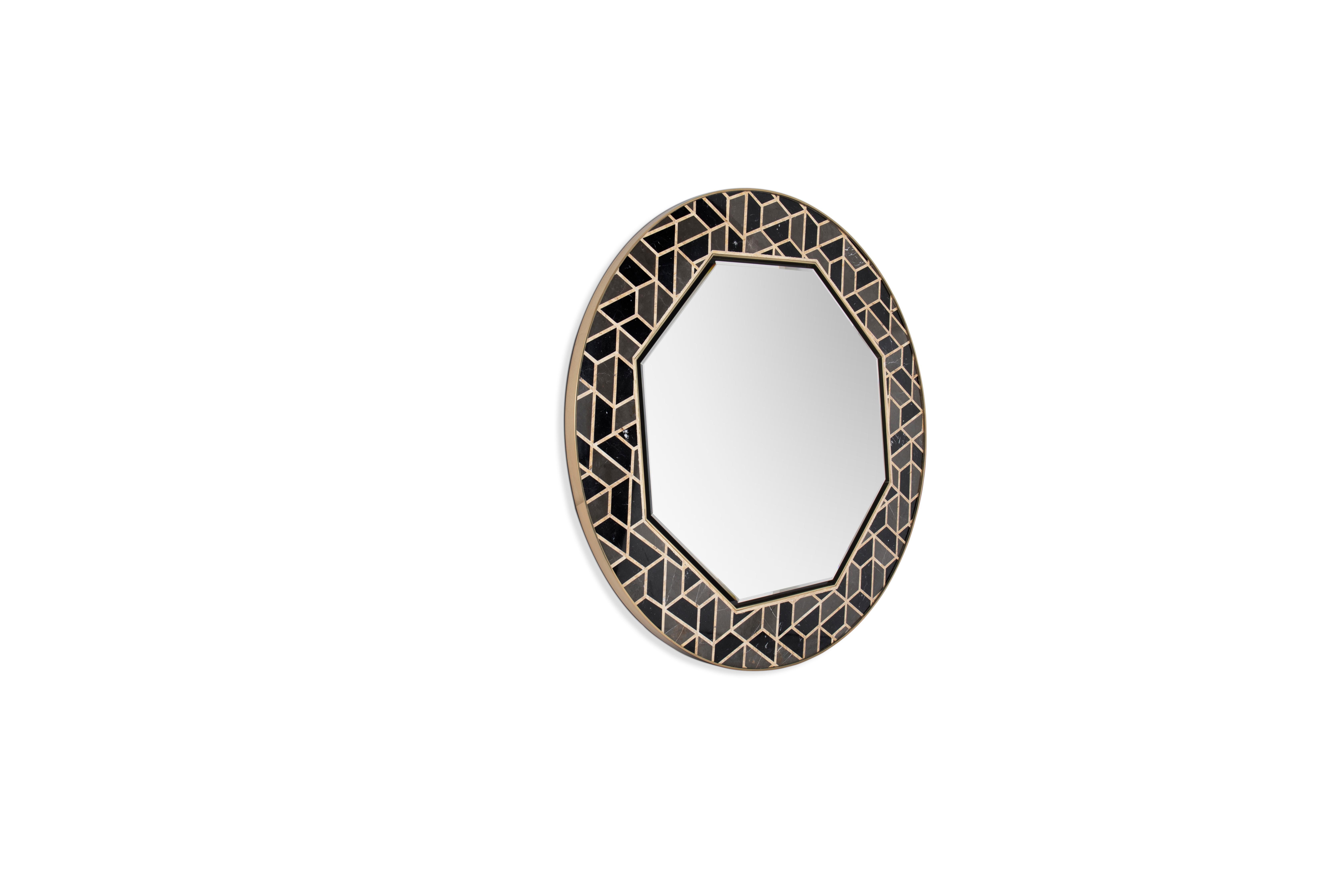 This unique mirror is inspired in the tortoises hard outer shell. It's made of high gloss black lacquered wood that contrasts with hexagonal Anthracite, Nero Marquina and Yellow Triano marble details. This glamorous pattern makes this piece easy to