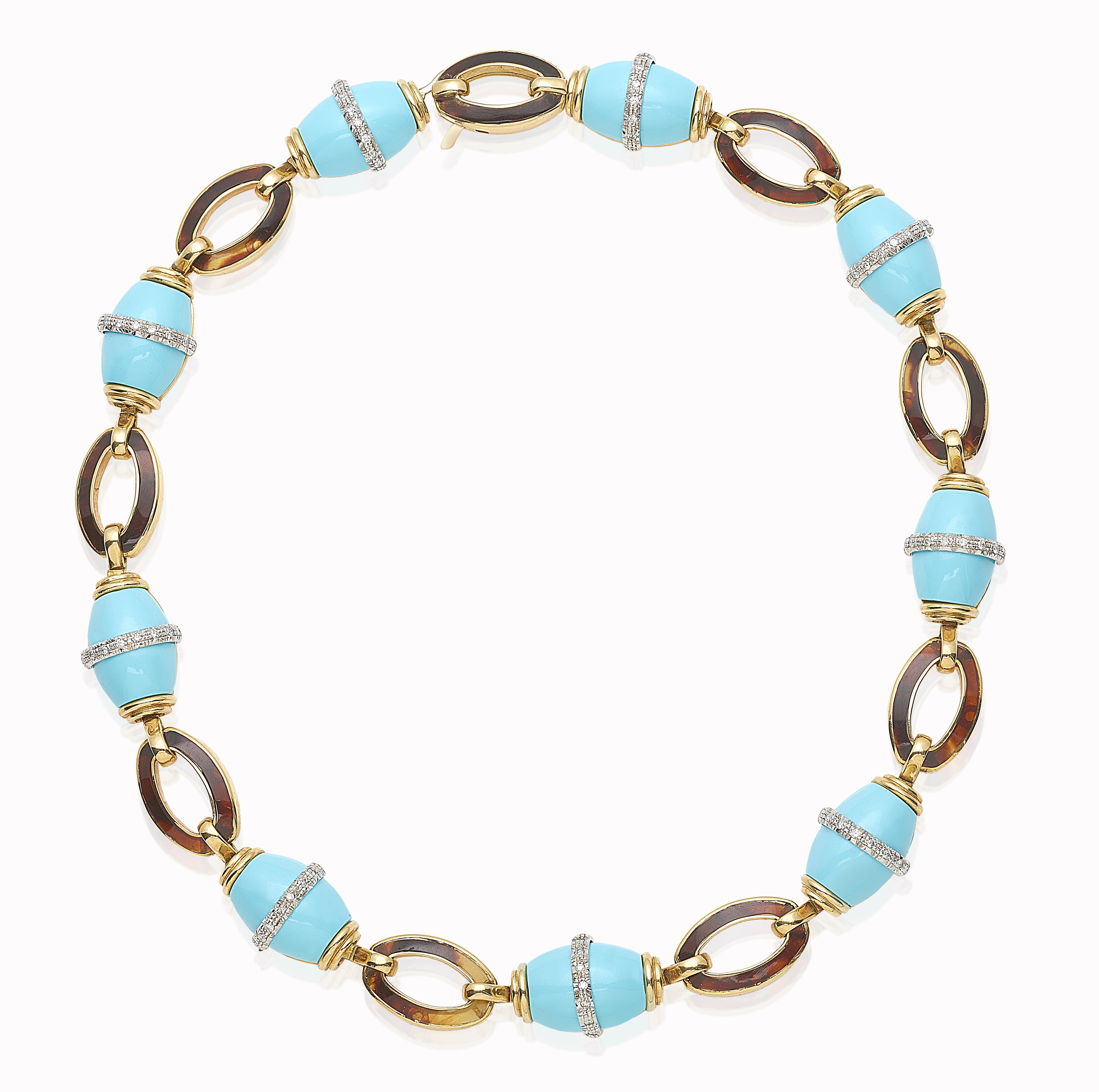 This unique necklace combines natural tortoise shell-stone with turquoise and diamonds on a basis of 116 grams of yellow gold. 
Matching colors and opposite stones, the jewel gives the customer the atmosphere to be suspended between heaven and