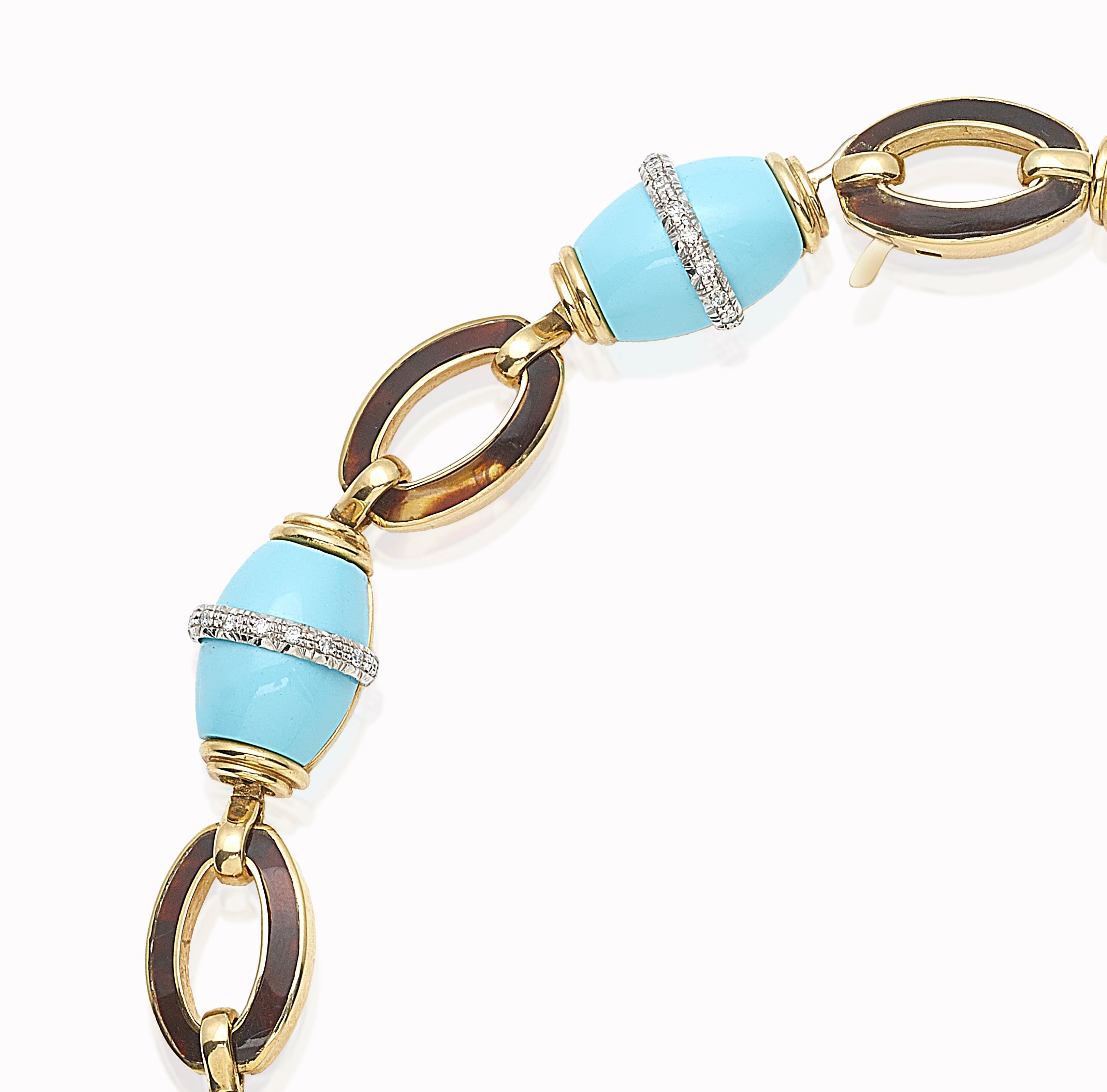 Art Deco Tortoise Necklace with Turquoise and Diamonds on Yellow Gold For Sale