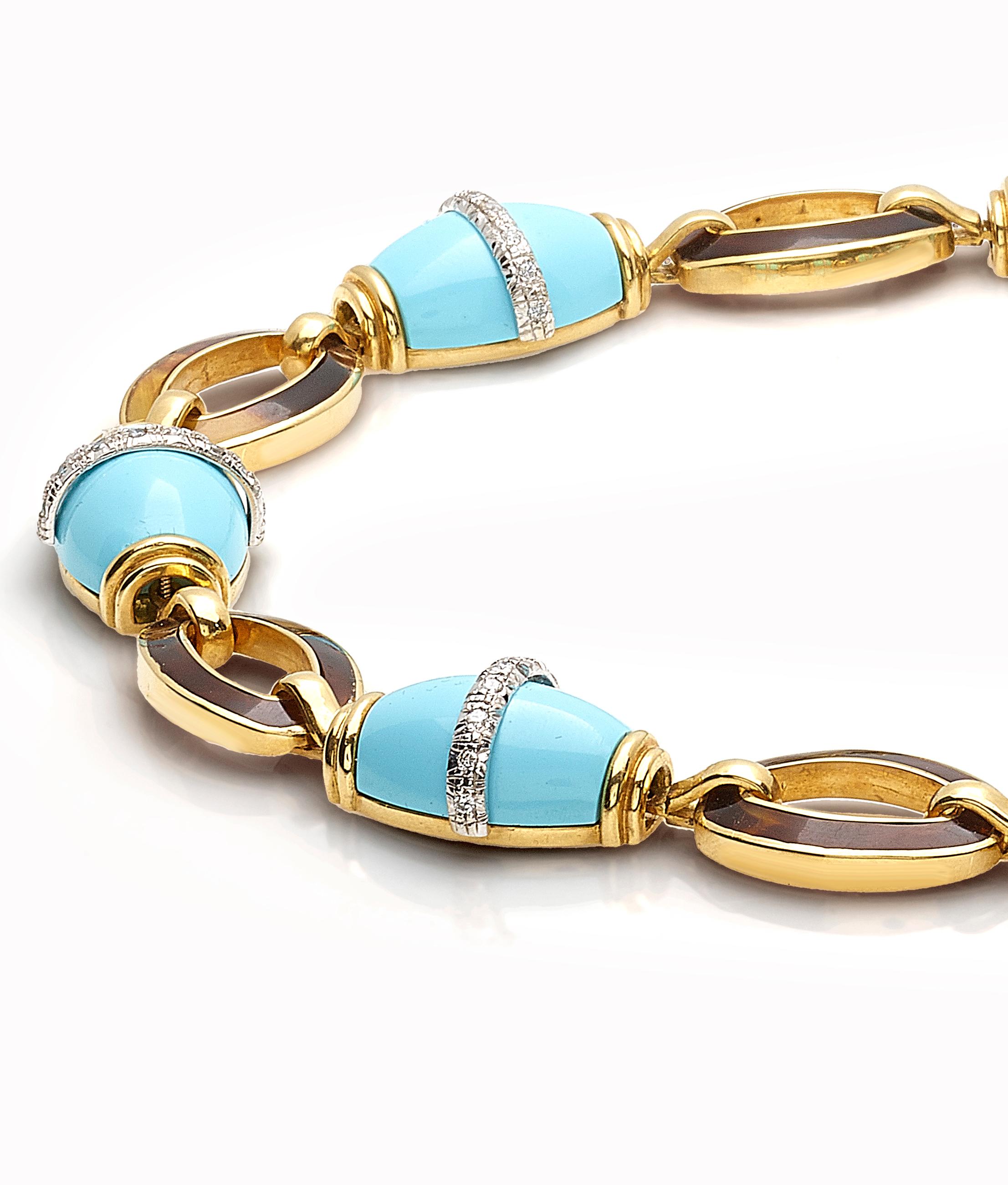 Women's or Men's Tortoise Necklace with Turquoise and Diamonds on Yellow Gold For Sale