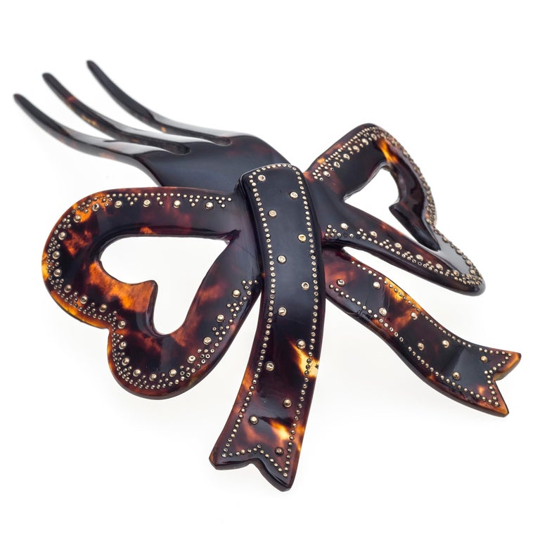 Antique Tortoise Shell Bow Gold Piqué Hair Comb For Sale at 1stDibs