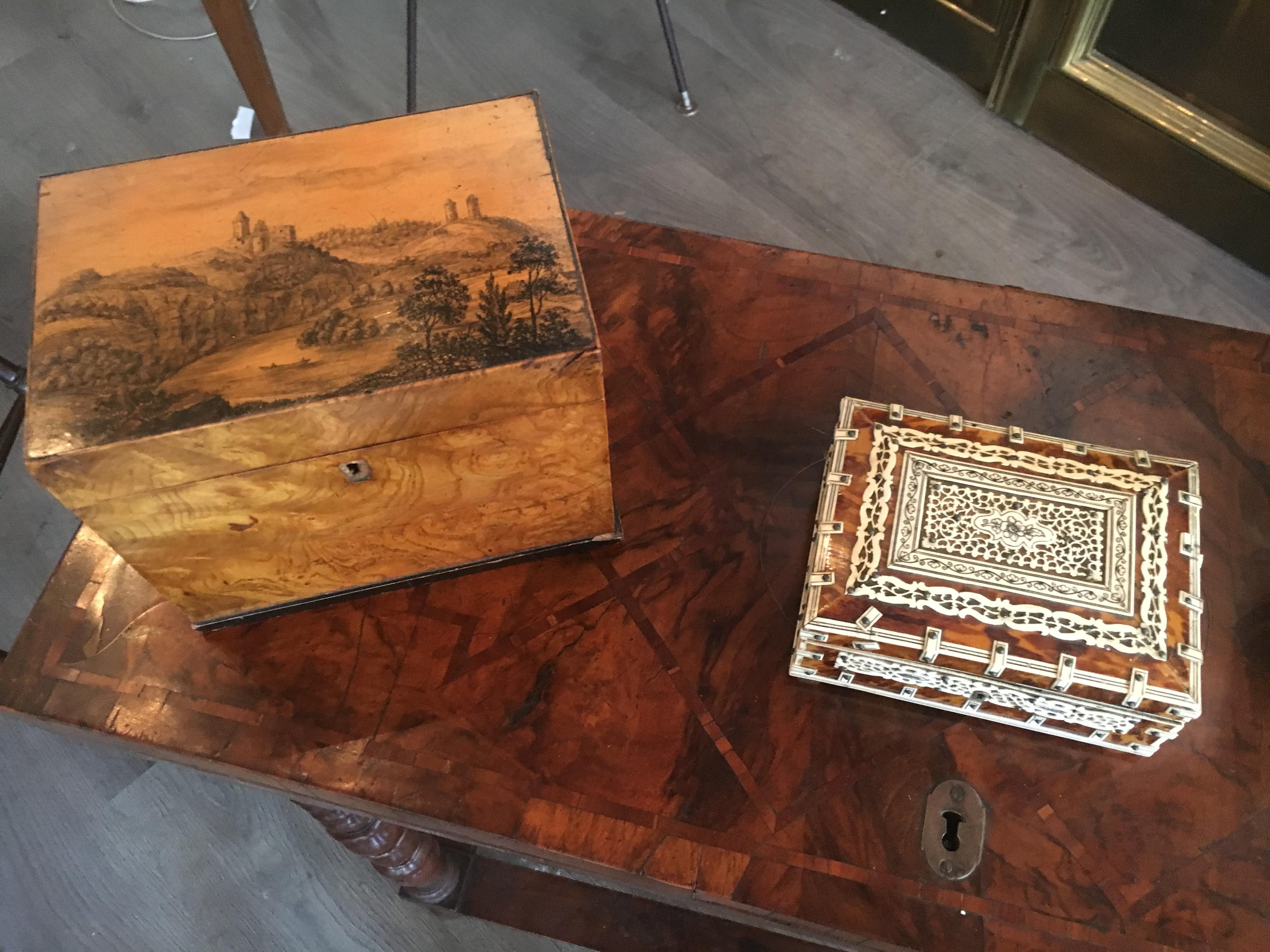 Tortoise shell decorative box with bun feet. We have other tortoise boxes similar in form that would be a lovely collection.  Feel free to call or email with questions.  Priced per box.  Compare the price of this box to other similar on 1stdibs.