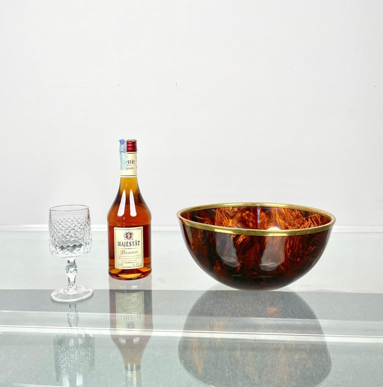 Late 20th Century Tortoise Shell Effect Lucite and Brass Bowl Centerpiece, Italy, 1970s