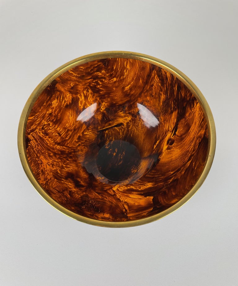 Metal Tortoise Shell Effect Lucite and Brass Bowl Centerpiece, Italy, 1970s