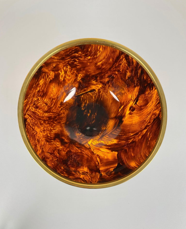 Tortoise Shell Effect Lucite and Brass Bowl Centerpiece, Italy, 1970s 1