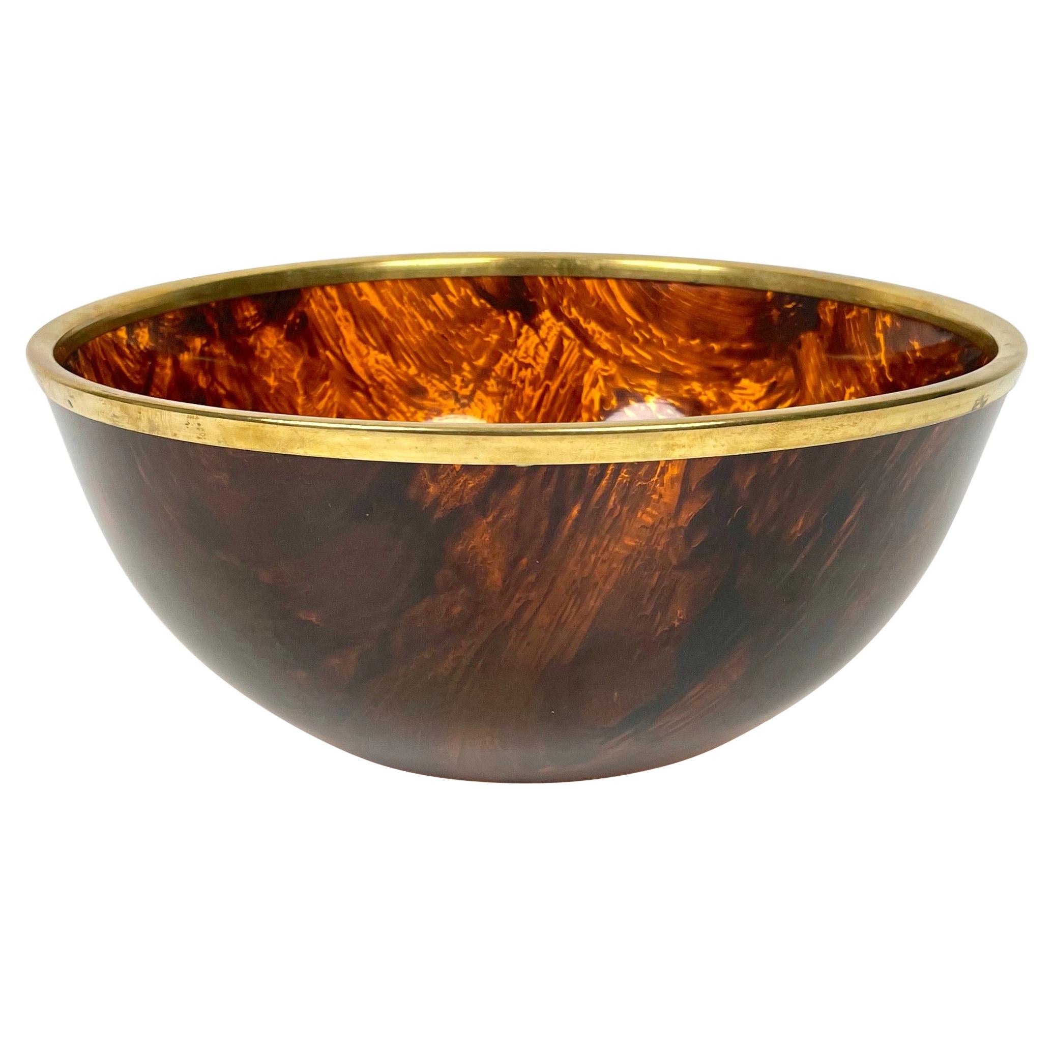 Tortoise Shell Effect Lucite and Brass Bowl Centerpiece, Italy, 1970s