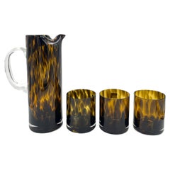 Tortoise Shell Glass Pitcher and 3 Glasses