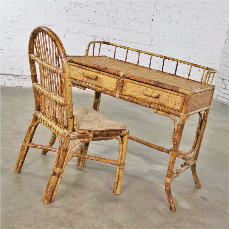 Tortoise Shell Rattan Desk/Vanity Table and Chair Set at 1stDibs
