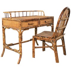 Tortoise Shell Rattan Desk/Vanity Table and Chair Set